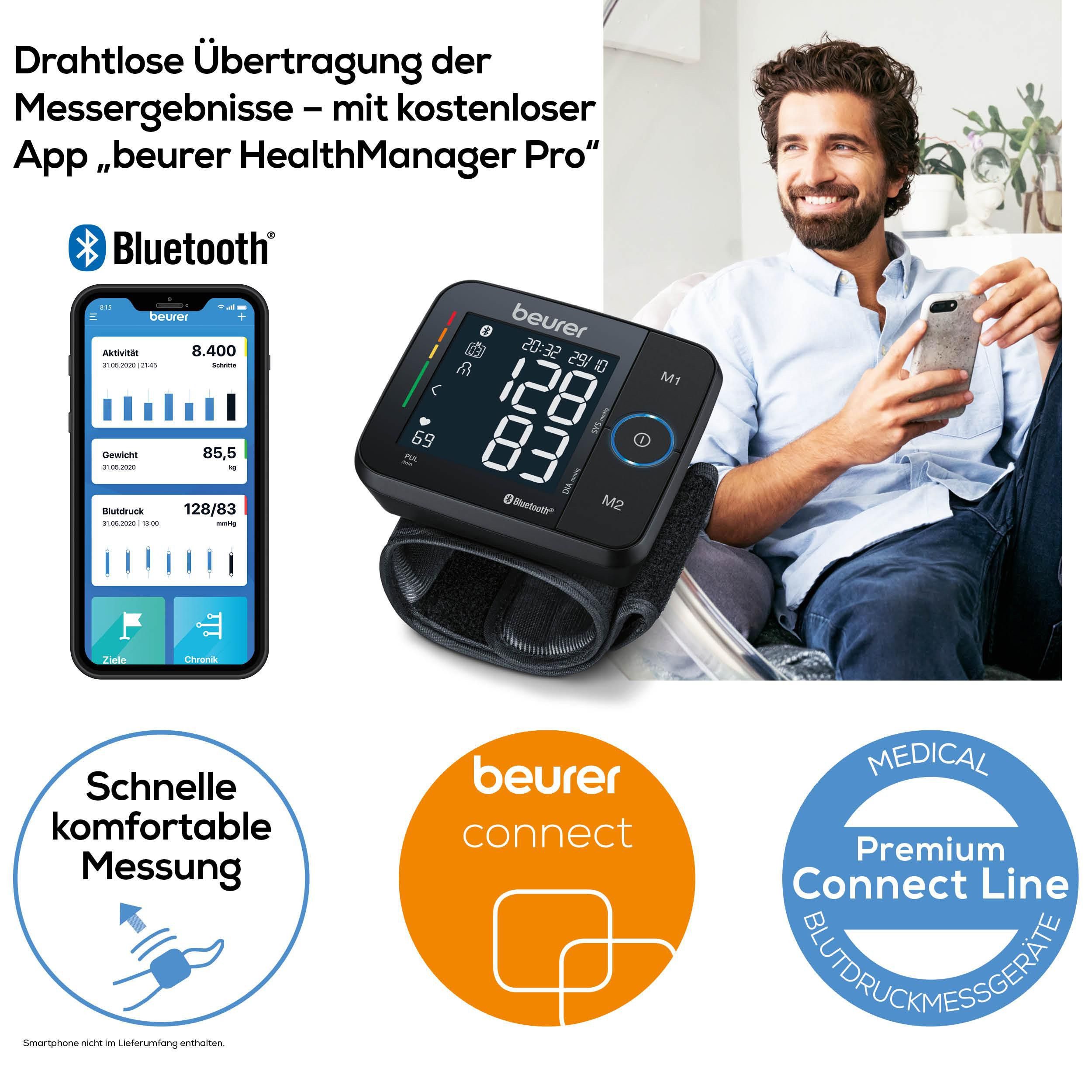 BEURER Handgelenk-Blutdruckmessgerät BC 54 mit farbigem Risikoindikator und Arrhythmie-Erkennung, Inkl. Aufbewahrungsbox und Blutdruckpass zur Dokumentation der – Bild 2 von 5