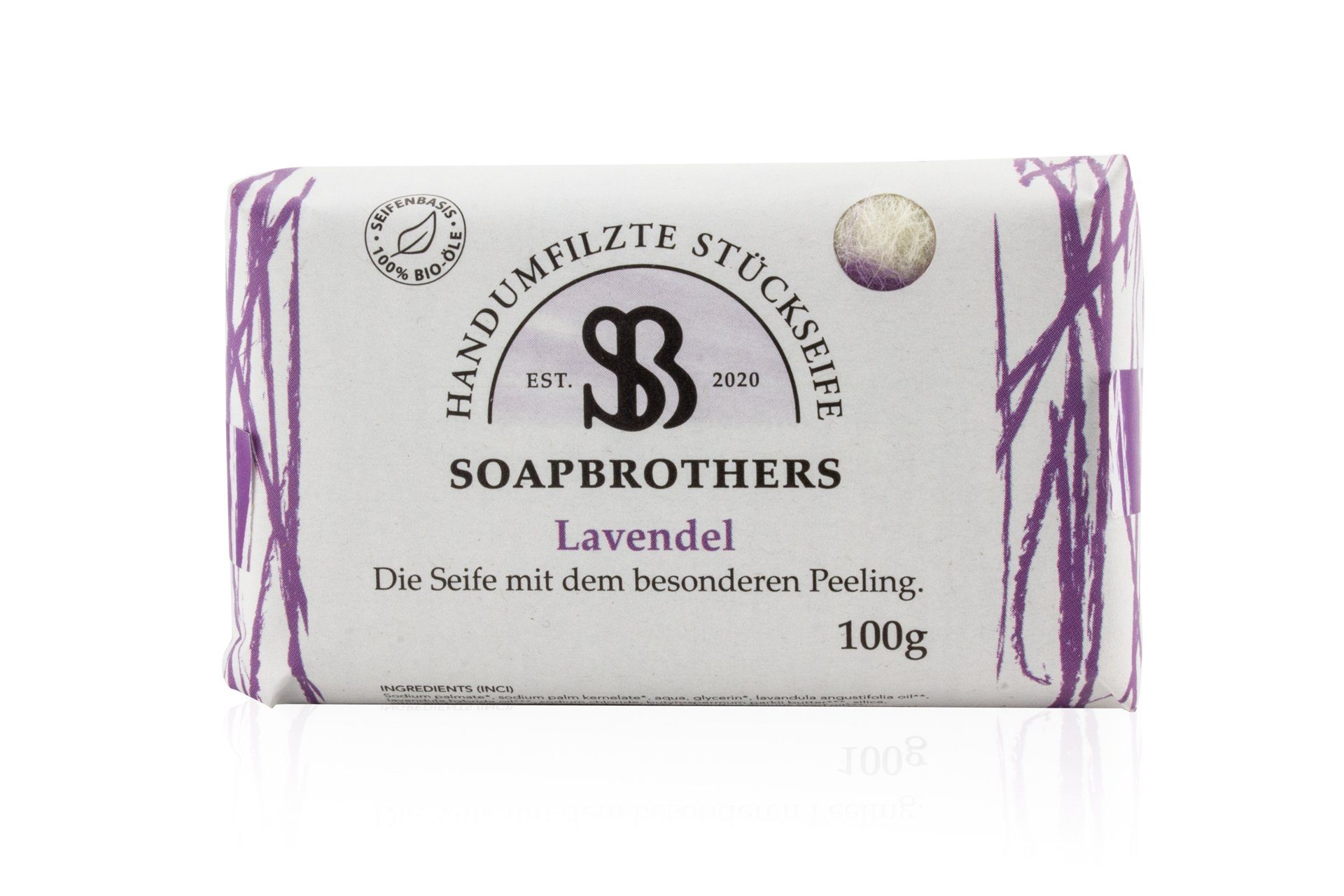 Soapbrothers Handseife Naturkosmetik Bio Seife mit Filzmantel - Bis zu 4-mal ergiebiger als herkömmliche Stückseifen in nachhaltiger Verpackung - Lavendel 100g. 1tlg, 1-tlg., Filzseife, Naturkosmetik