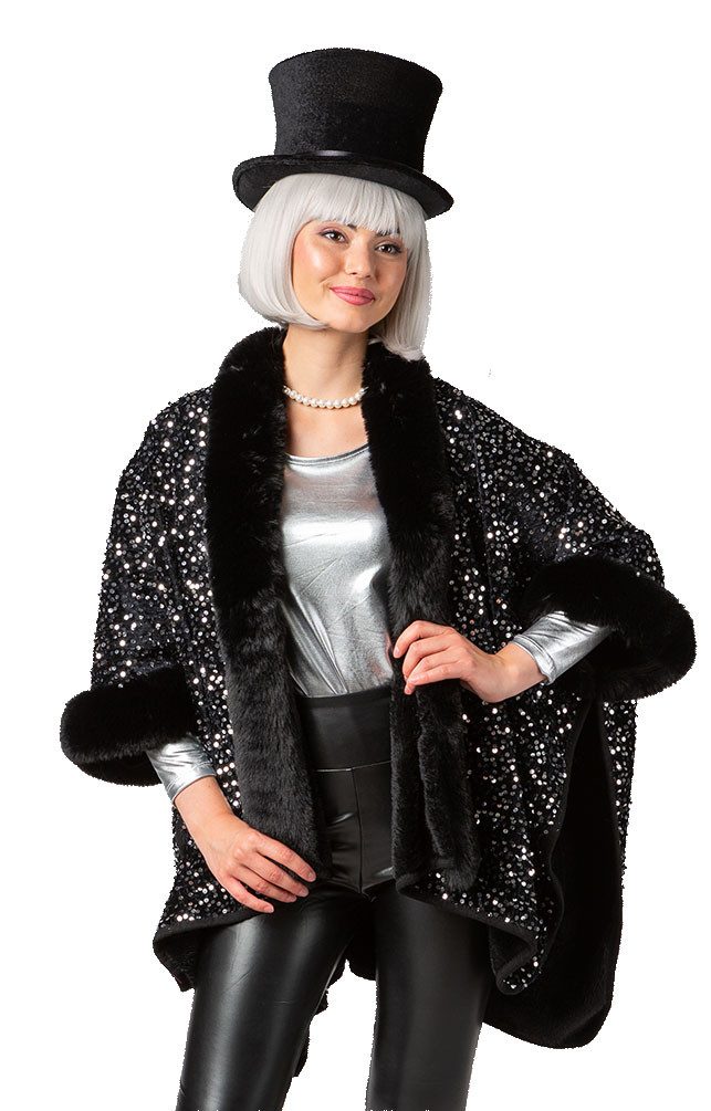 Kostüm Pailletten Poncho Damen Fasching Luxus schwarz