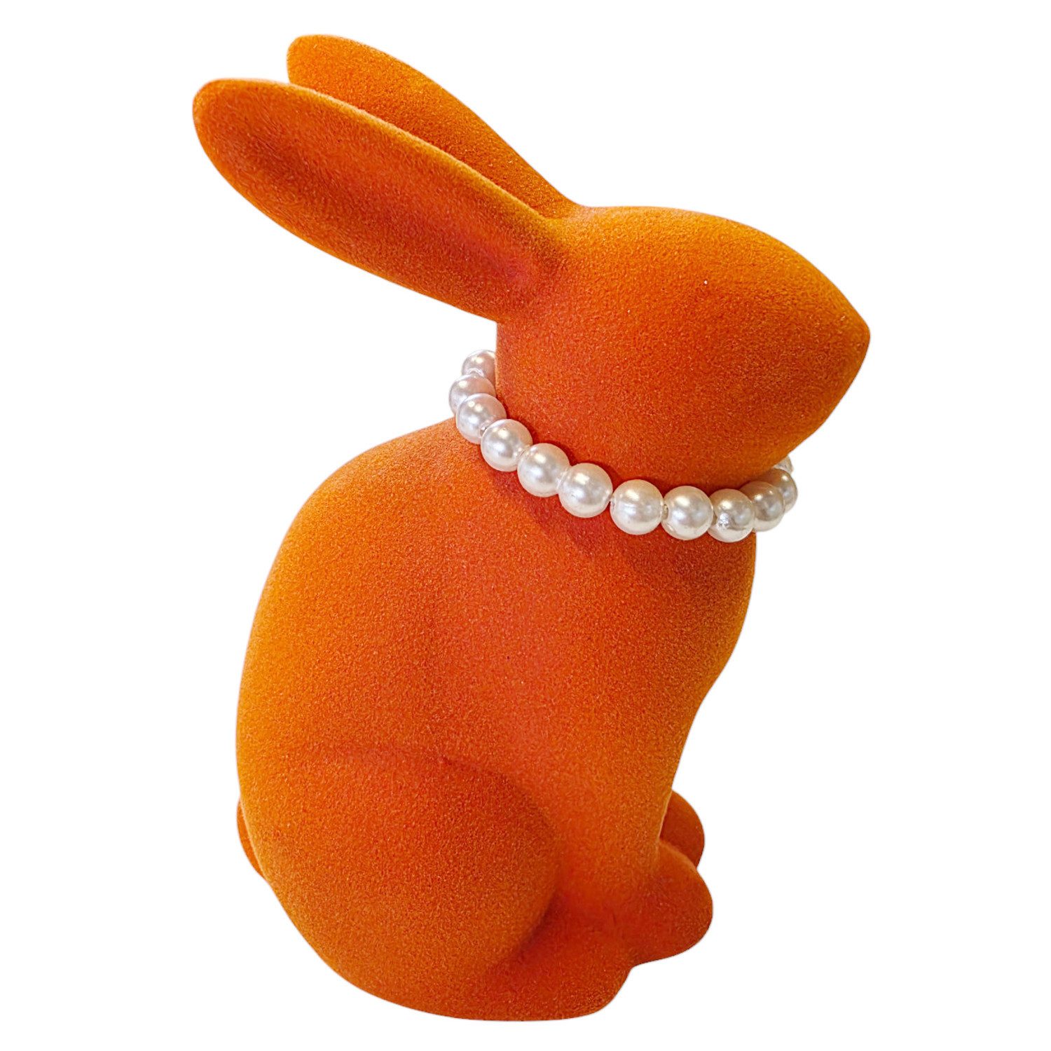 Macosa Home Osterhase mit Perlenkette beflockt Orange 16 cm Kunststoff Dekohase Hase (Dekoration Tischdeko, Dekohase Dekofigur Ostern), Skulptur Oster-Deko Osterdekoration Figur
