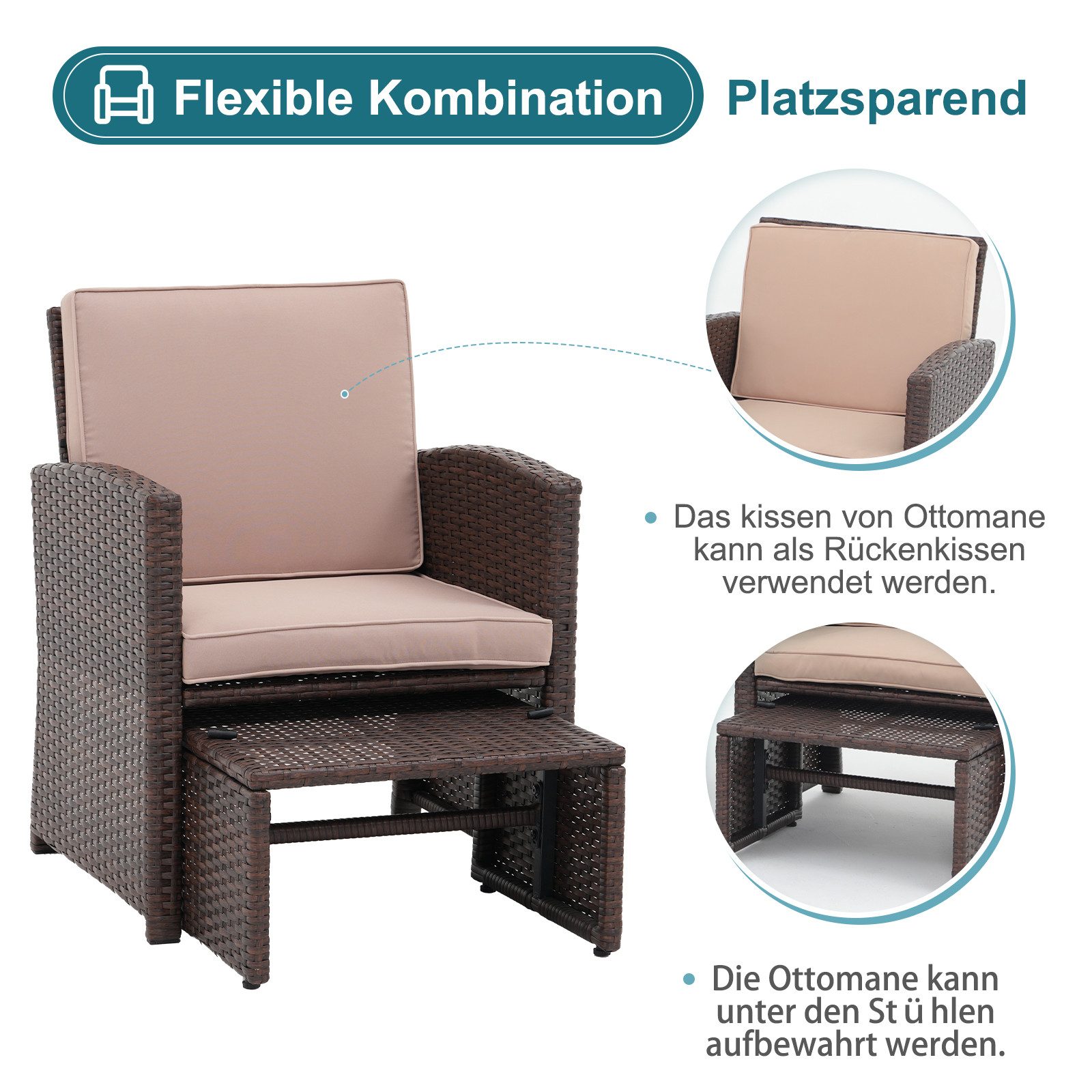 JOIVI Balkonset 5-tlg Garten Unterhaltung Set, (Balkon Möbel Set mit Kissen, brauner Rattan-Sessel mit Hocker&Couchtisch), für Garten, Hinterhof und Veranda (Beige)