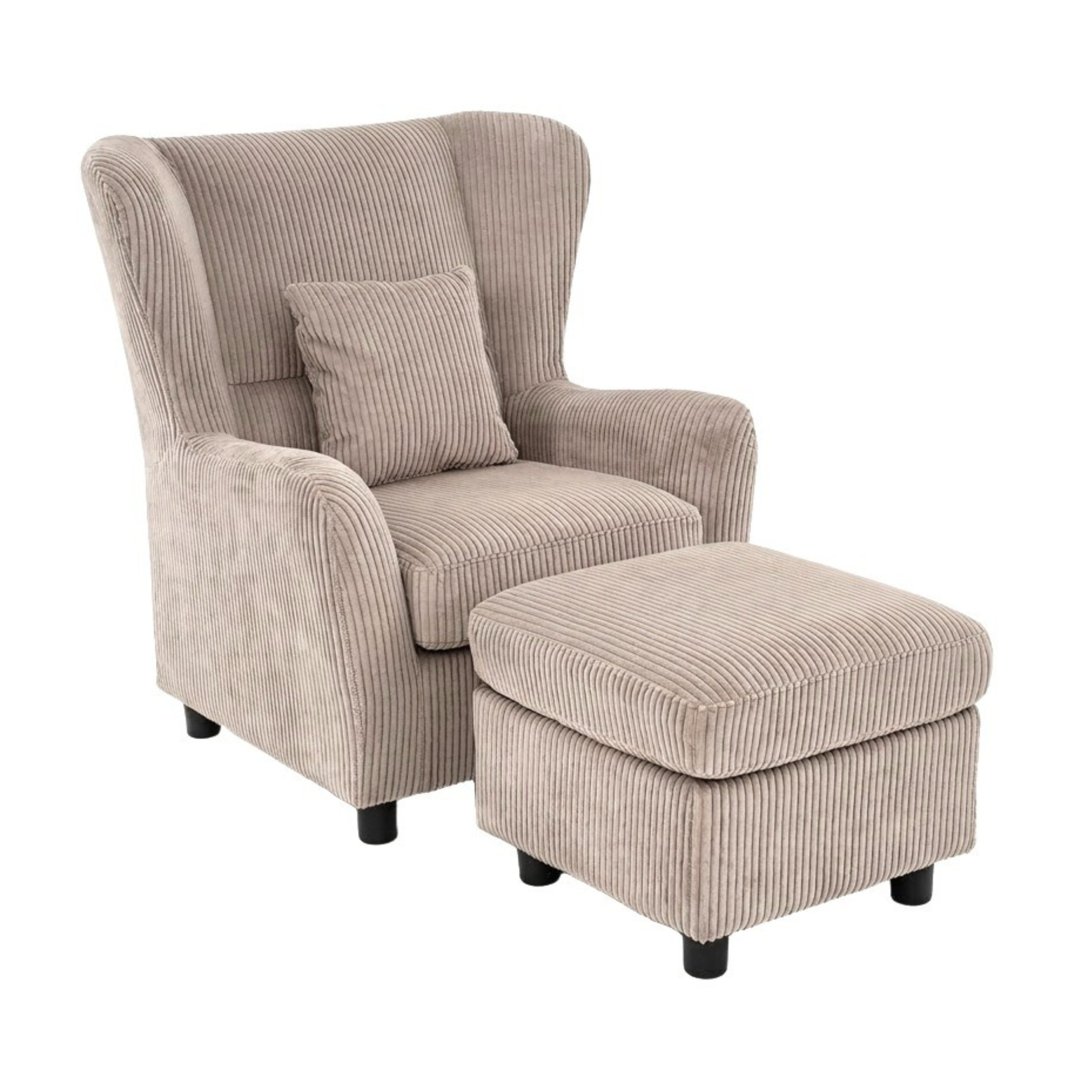 luma-home Ohrensessel 16144 (mit Hocker und Zierkissen, Polsterung mit Taschenfederkern, B89/H95/T79 cm), Lesesesel mit Echtholzfüßen, Bezug Cord in Taupe