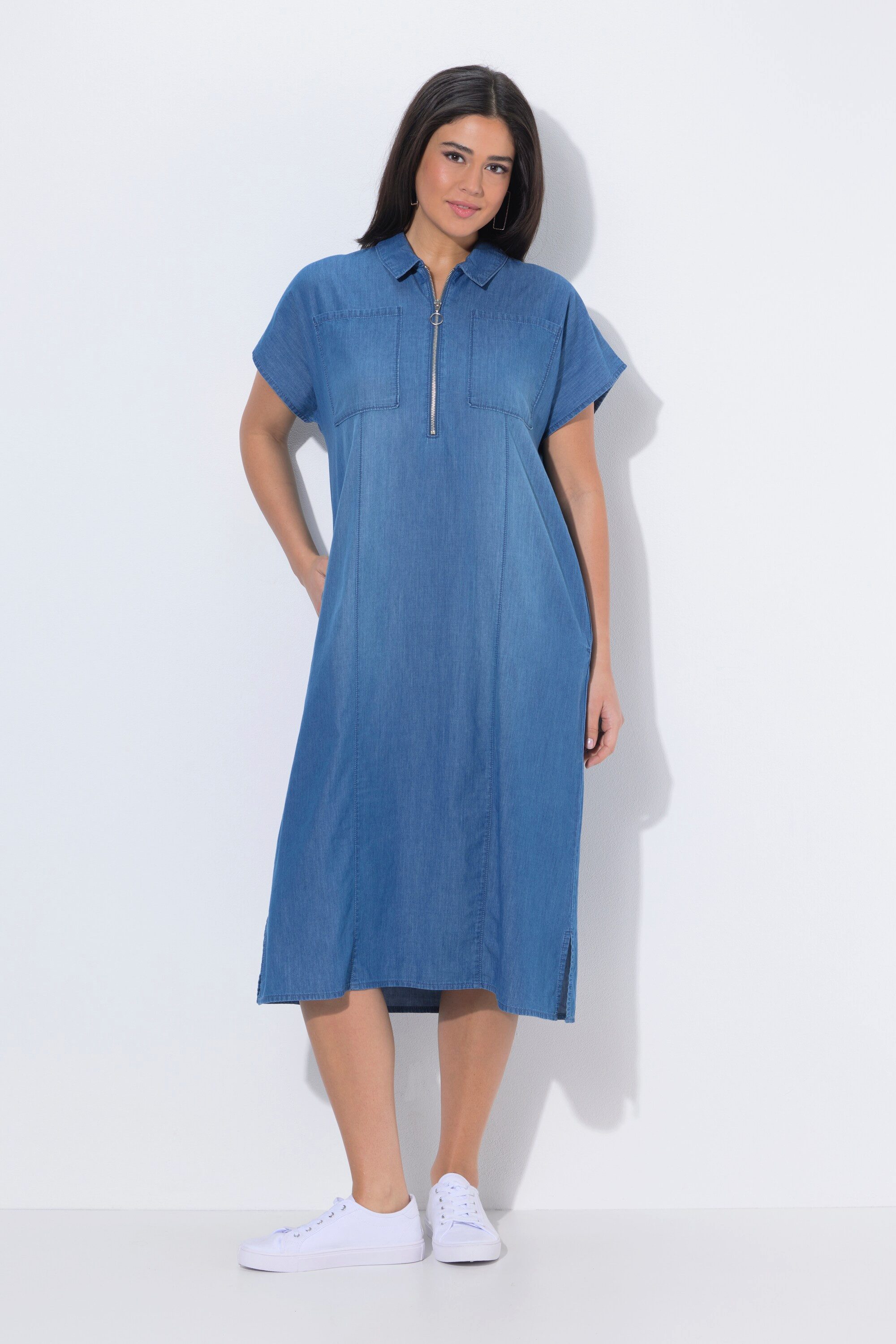 Ulla Popken Jerseykleid Midikleid Jeansoptik Hemdkragen Zipper Halbarm günstig online kaufen