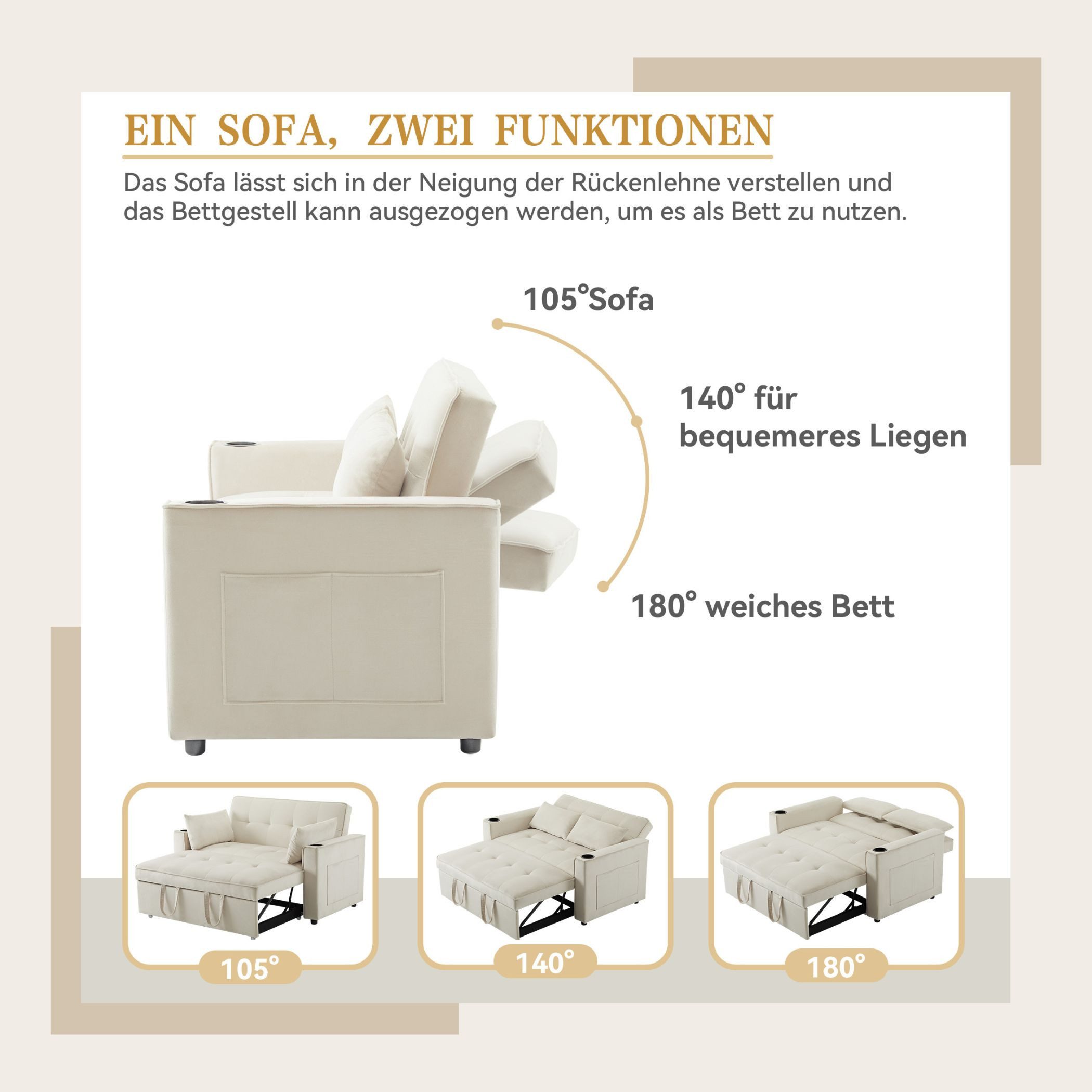 SeedWave Schlafsofa 3-in-1 Velvet Schlafsofa mit Getränkehaltern und Zwei Großen Kissen, Verstellbarer Rückenlehne (105°/140°/180)