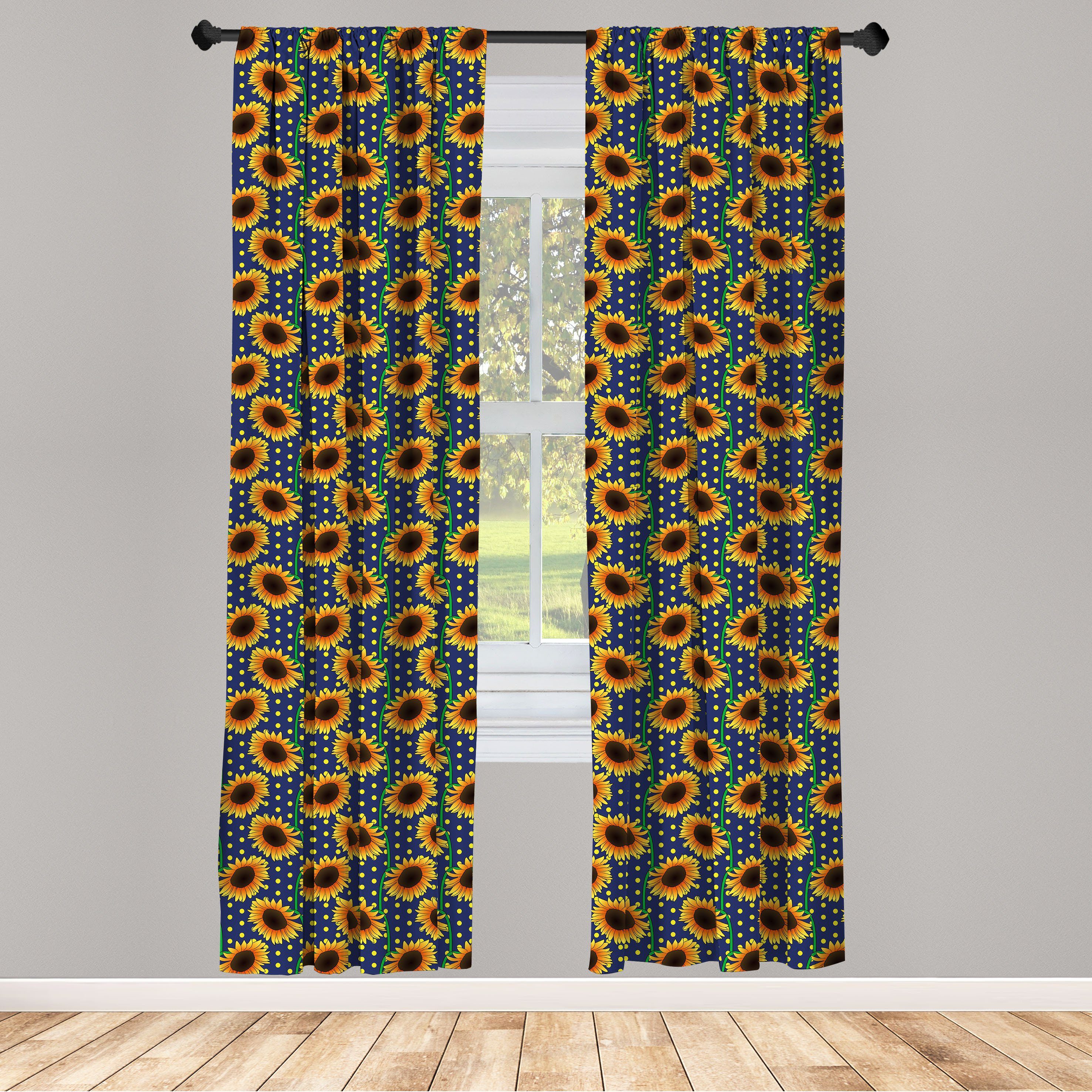 Vorhang Microfaser, Sonnenblumen-Tupfen für Wohnzimmer Orange Blue Abakuhaus, Gardine Dekor, Schlafzimmer