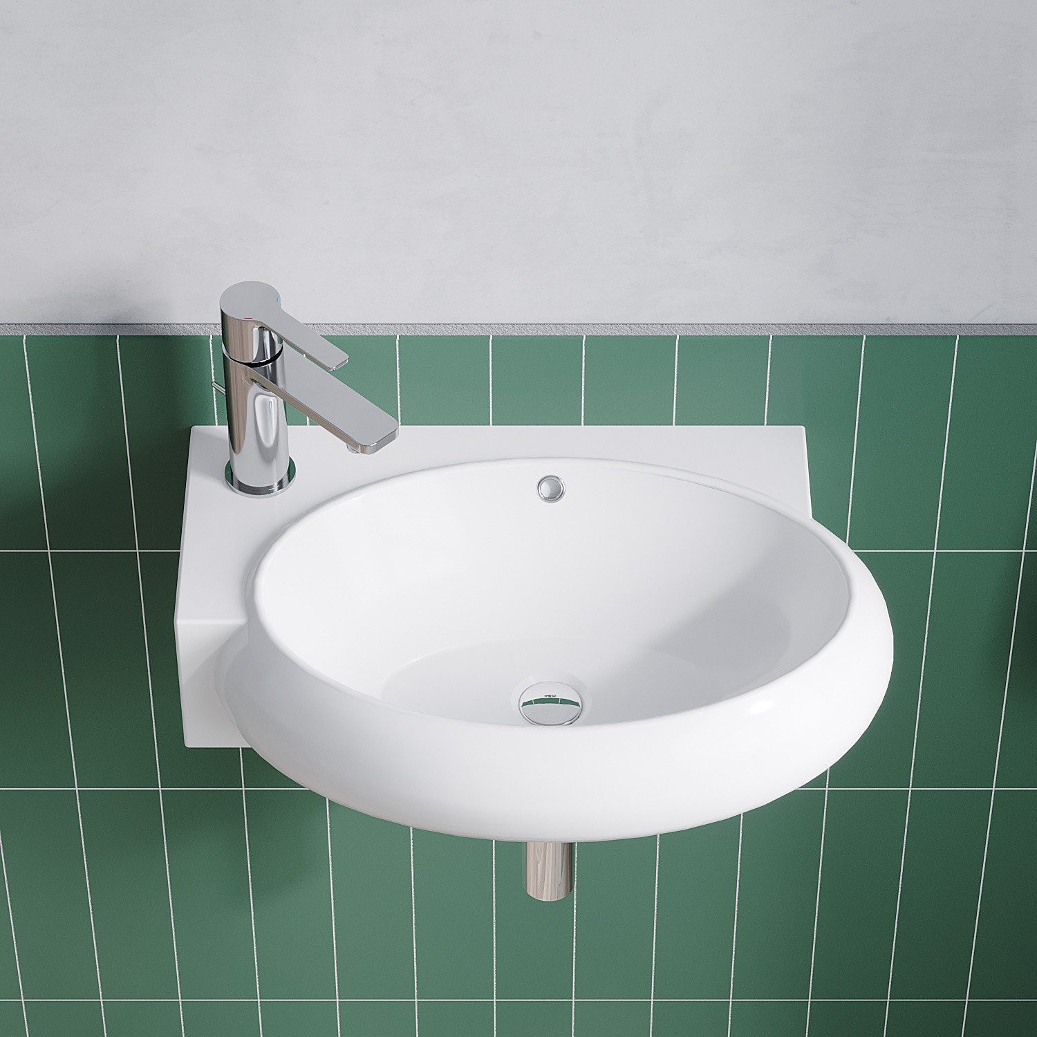 AQUALAVOS Waschbecken Keramik Waschbecken weiß eckig-oval 44x29cm mit Überlauf Hahnloch, Einfache Montage platzsparend Ideal für Gäste-WC & Kleinbäder