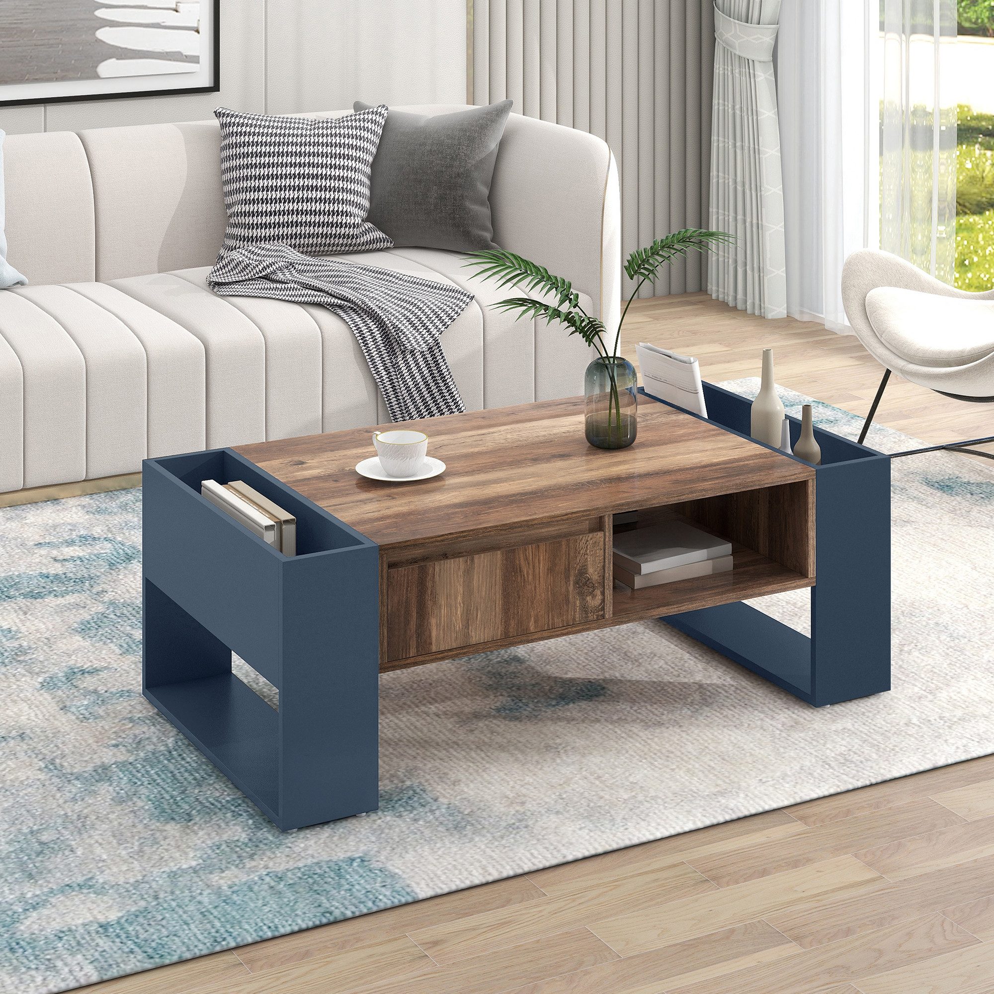 HAUSS SPOLE Couchtisch 111x40x60cm Holztisch mit Staufächern und Schublade (doppelseitiger Stauraum, Mit Staufächern auf beiden Seiten), mit Eine grifflose Schublade