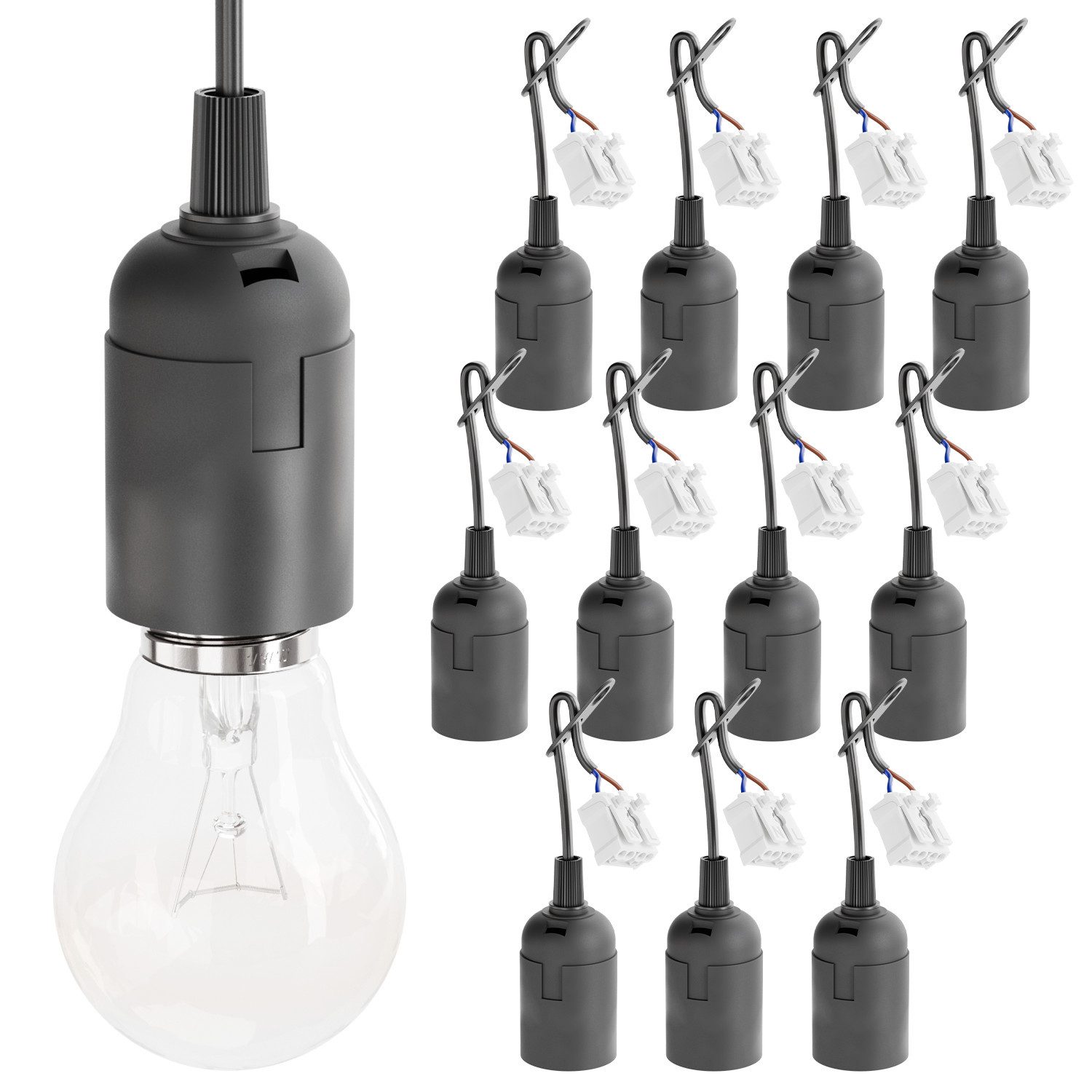 greate. Lampenfassung 12x Baufassung E27 schwarz, Lampenfassung, max. 60W 250V, (12-St)