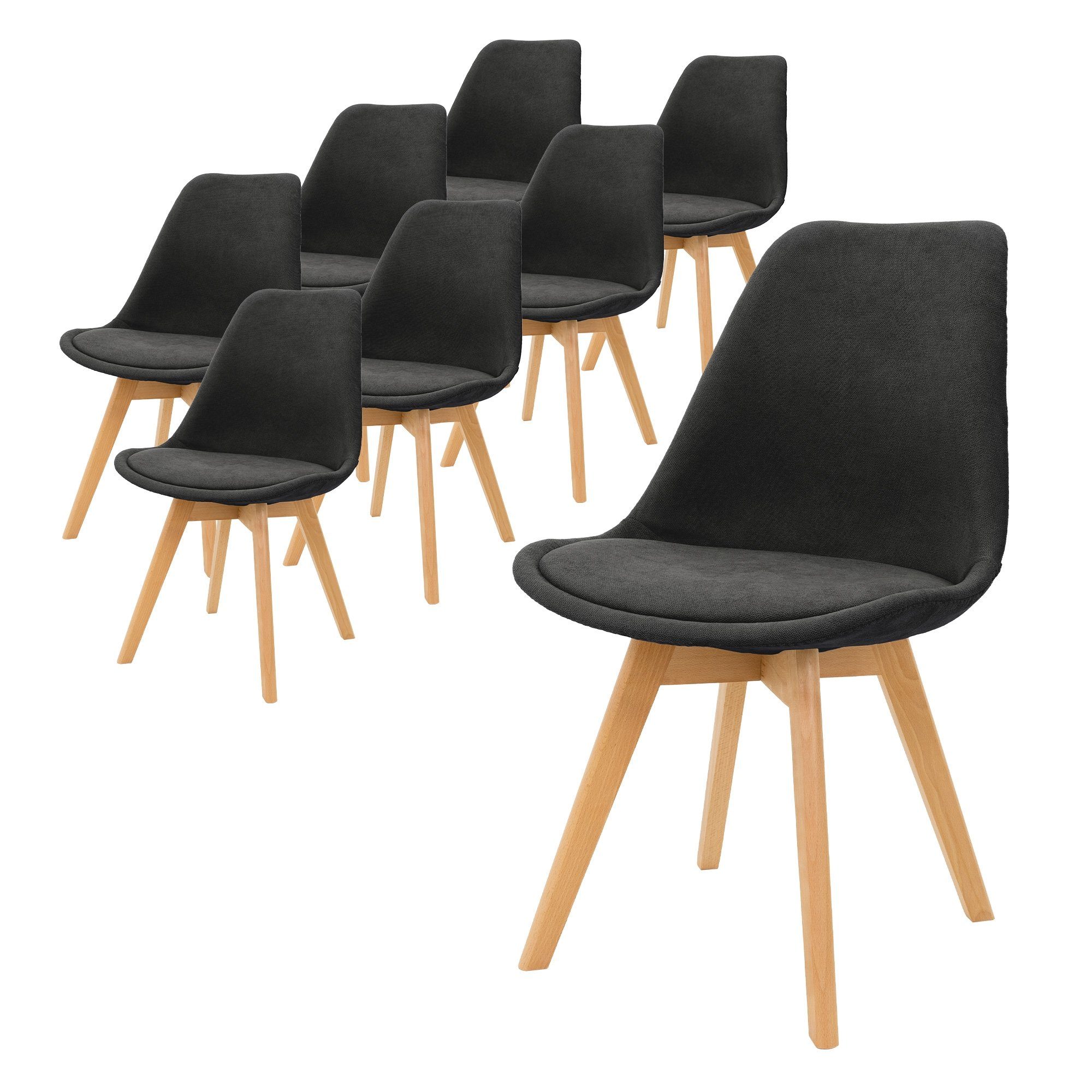 ML-DESIGN Stuhl Esszimmerstühle Polsterstuhl Küchenstuhl Wohnzimmerstühle (8er Set), 8er Set mit Rückenlehne Schwarz Retro Buchenholz-Beinen Leinen