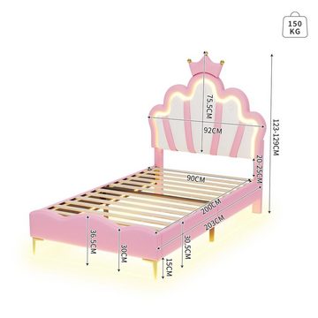 Ulife Polsterbett LED Kinderbett Einzelbett mit krone-Form Prinzessinnenbett, verstellbarer LED-Umgebungslichtstreifen, 90*200cm