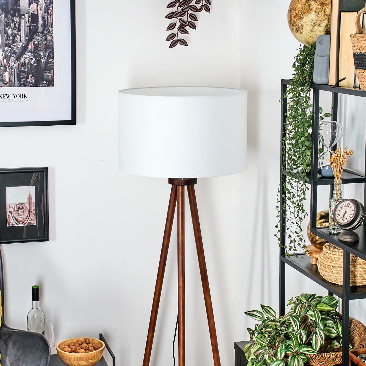 hofstein Stehlampe Stehlampe aus Holz/Stoff in Dunkelbraun/Weiß, ohne Leuchtmittel, skandinavische Design Leuchte, Schirm (40 cm) u. Fußschalter, 1x E27