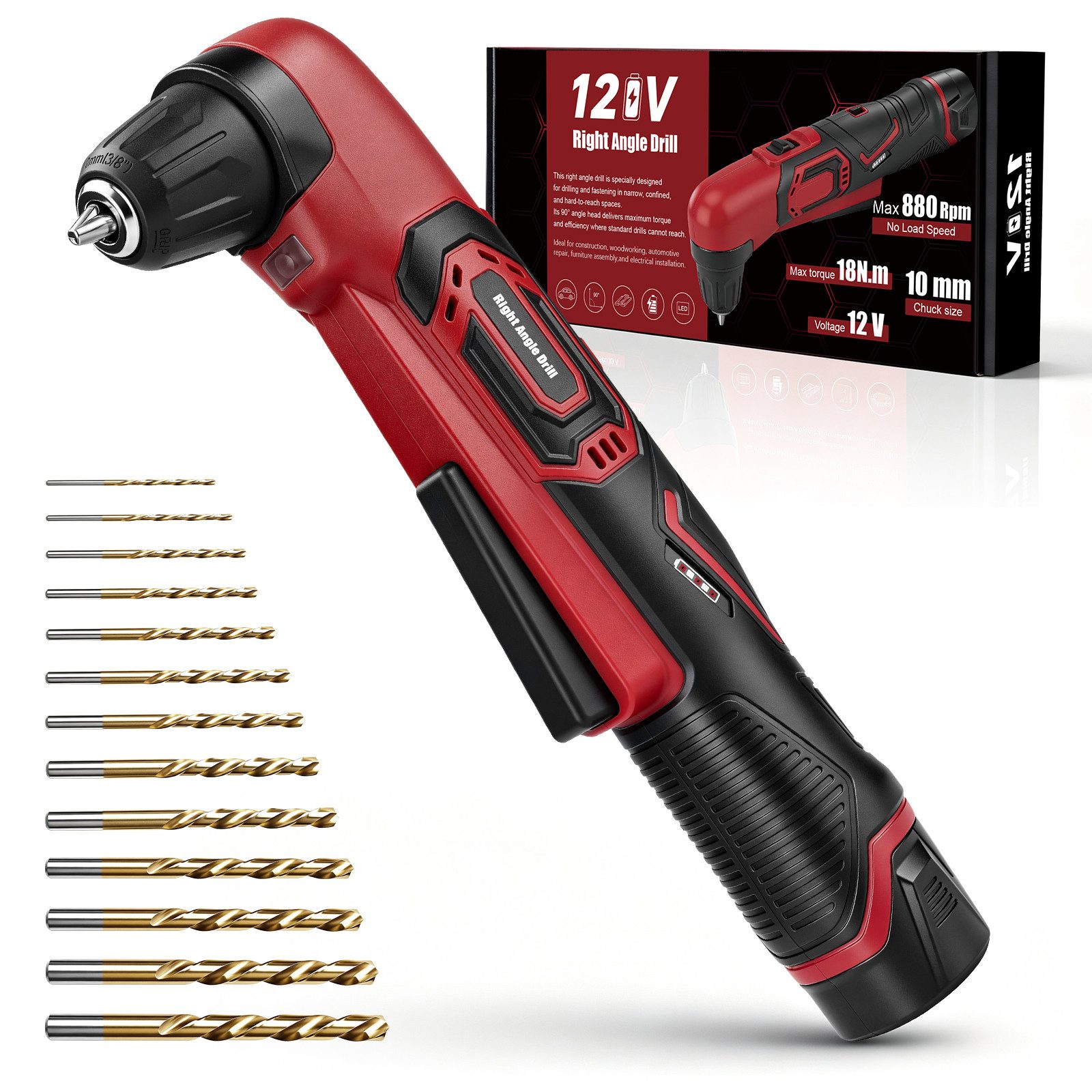 XERSEK Akku-Winkelbohrmaschine 12V Elektrisch Winkelbohrer 2,0Ah, 90° Kopf, 18 N·m, 2-Gang-Getriebe, (Set, 14-tlg., 0‑880U/min, 10mm Schlüsselloses Spannfutter mit LED, inkl. 13 Bohrbits), Ideal für Schränke, Möbel‑, Kfz‑ und Sanitärarbeiten