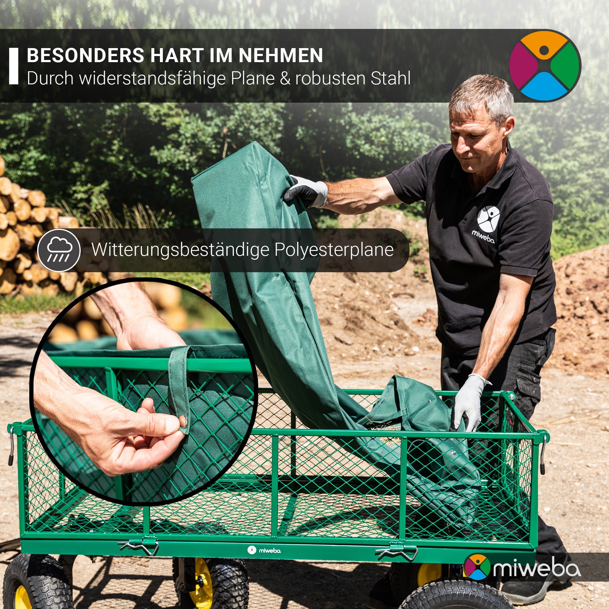 kompakter - Kippfunktion Schwarz Kg/220 Gartenwagen 2-tlg., Plane Bollerwagen Gerätewagen Liter Anhängerfunktion, MB-700 Handkarren Faltwagen Klappbare - - 700 Handwagen miweba Wände herausnehmbar), - Transportkarre (bis - -