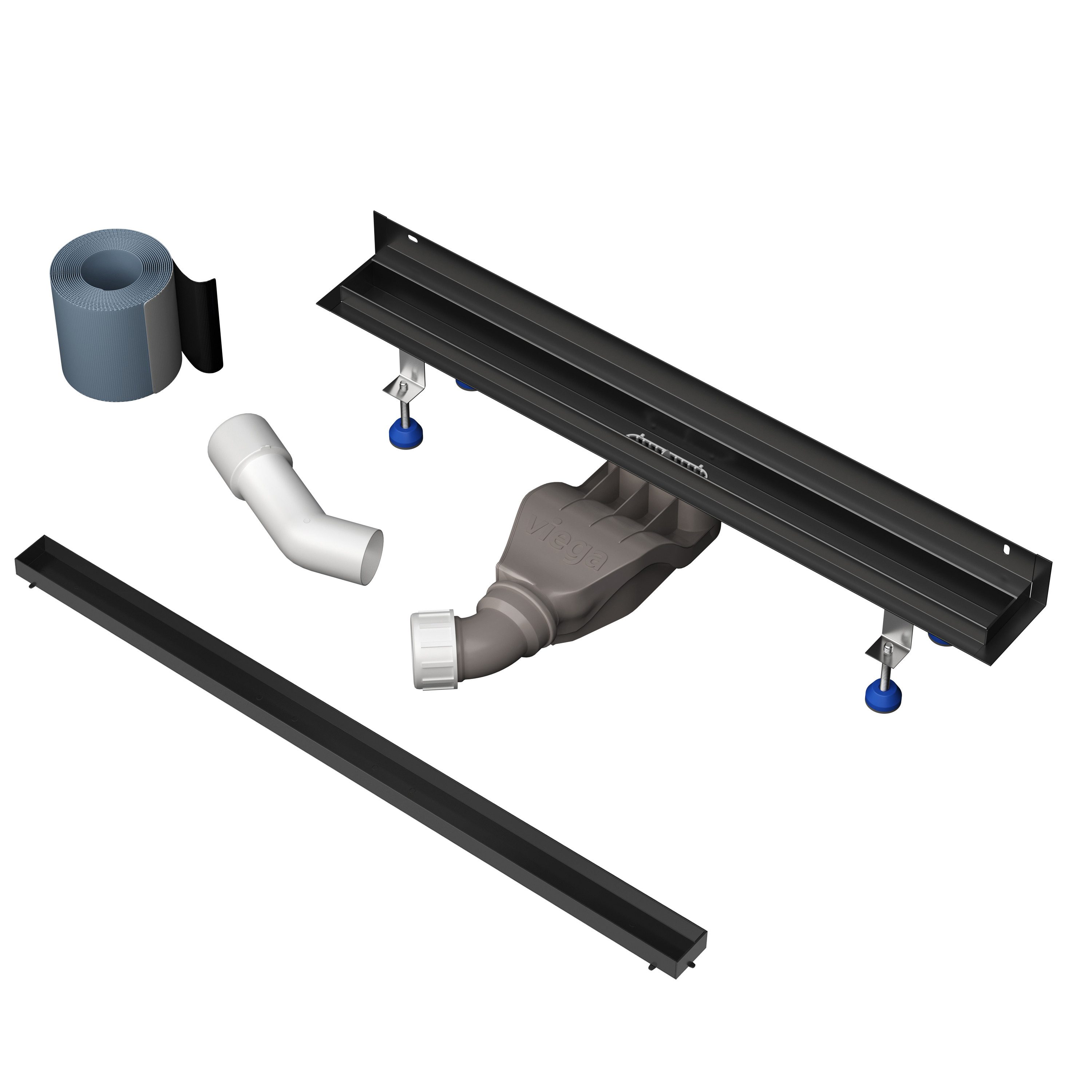Aquabad® Duschrinne Slim Wall Schwarzmatt Edelstahl, Haarsieb, Viega-Siphon, befliesbar, Komplett-Set, Farbe: Schwarz Matt