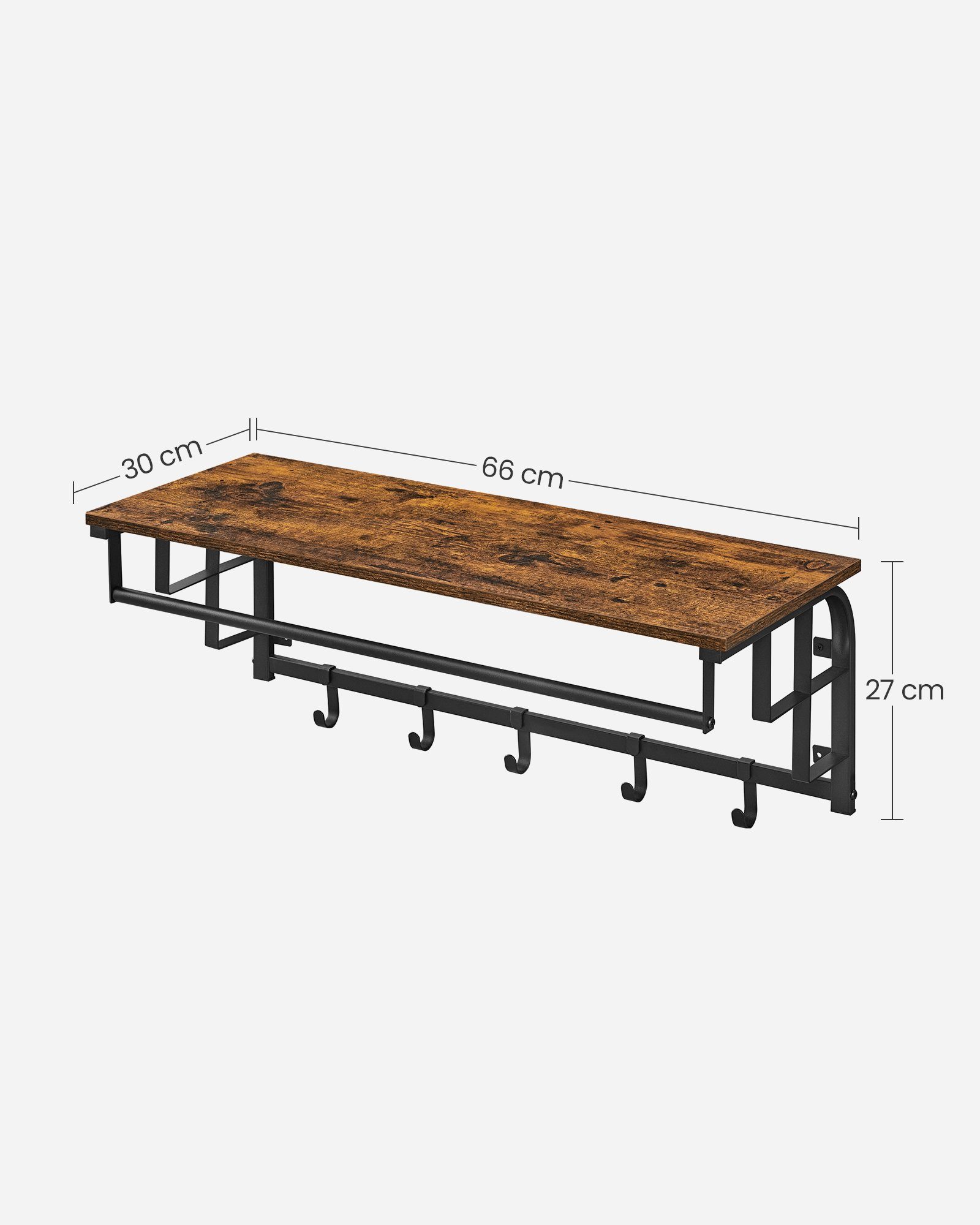 VASAGLE Wandgarderobe, Wandregal mit Haken, Länge 66 - 80 cm