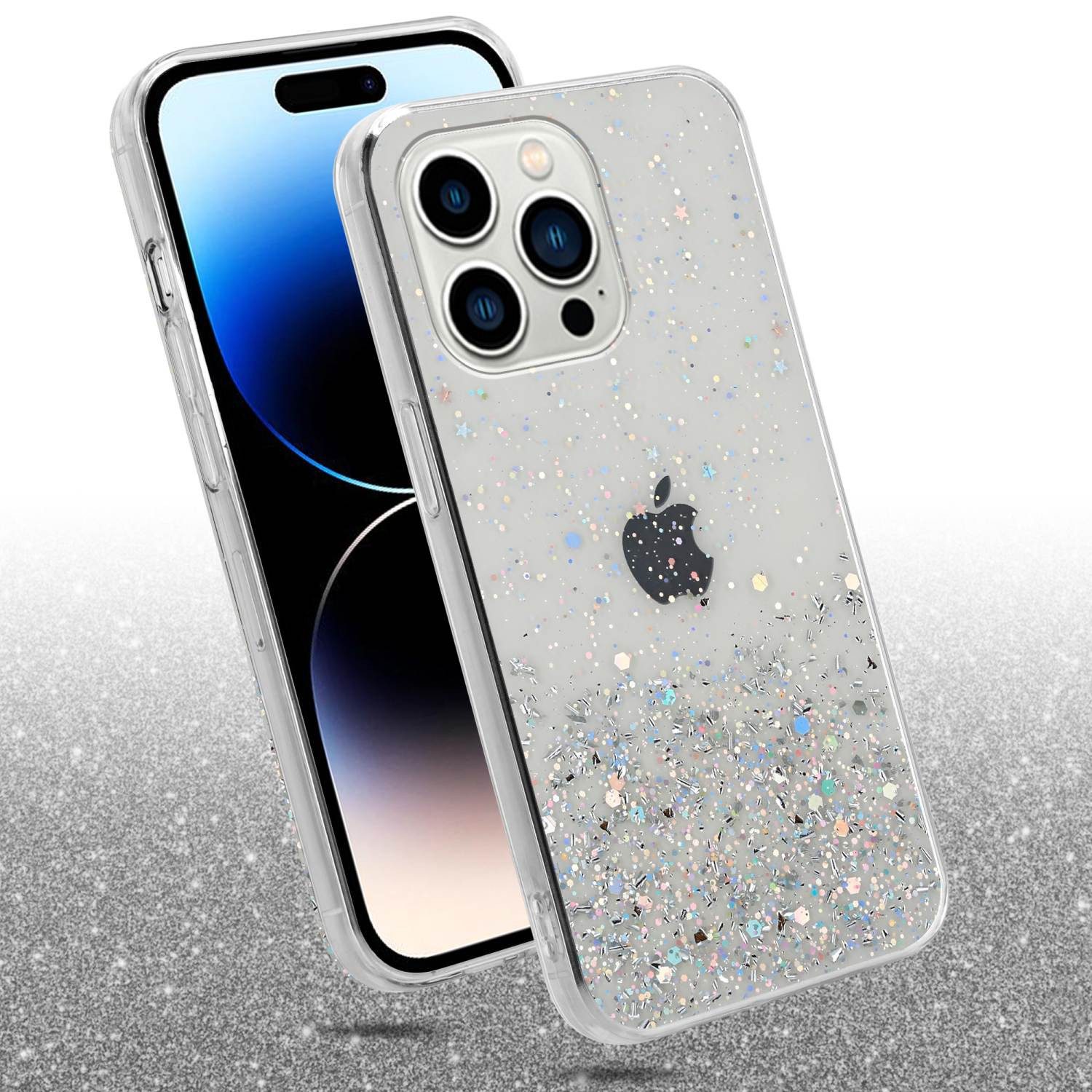 Cadorabo Handyhülle für iPhone 14 PRO MAX Hülle Apple iPhone 14 PRO MAX, Flexible TPU Silikon Handy Schutzhülle - Hülle - mit Glitzer