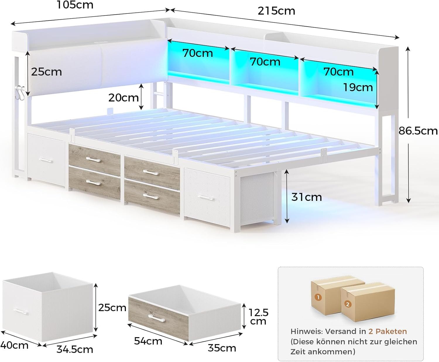 MSMASK Daybett Tagesbett Schlafsofa mit LED-Beleuchtung & Ladestation, Jugendbett mit 6 Staufächern und 6 Schubladen – Liegefläche 90x200 cm