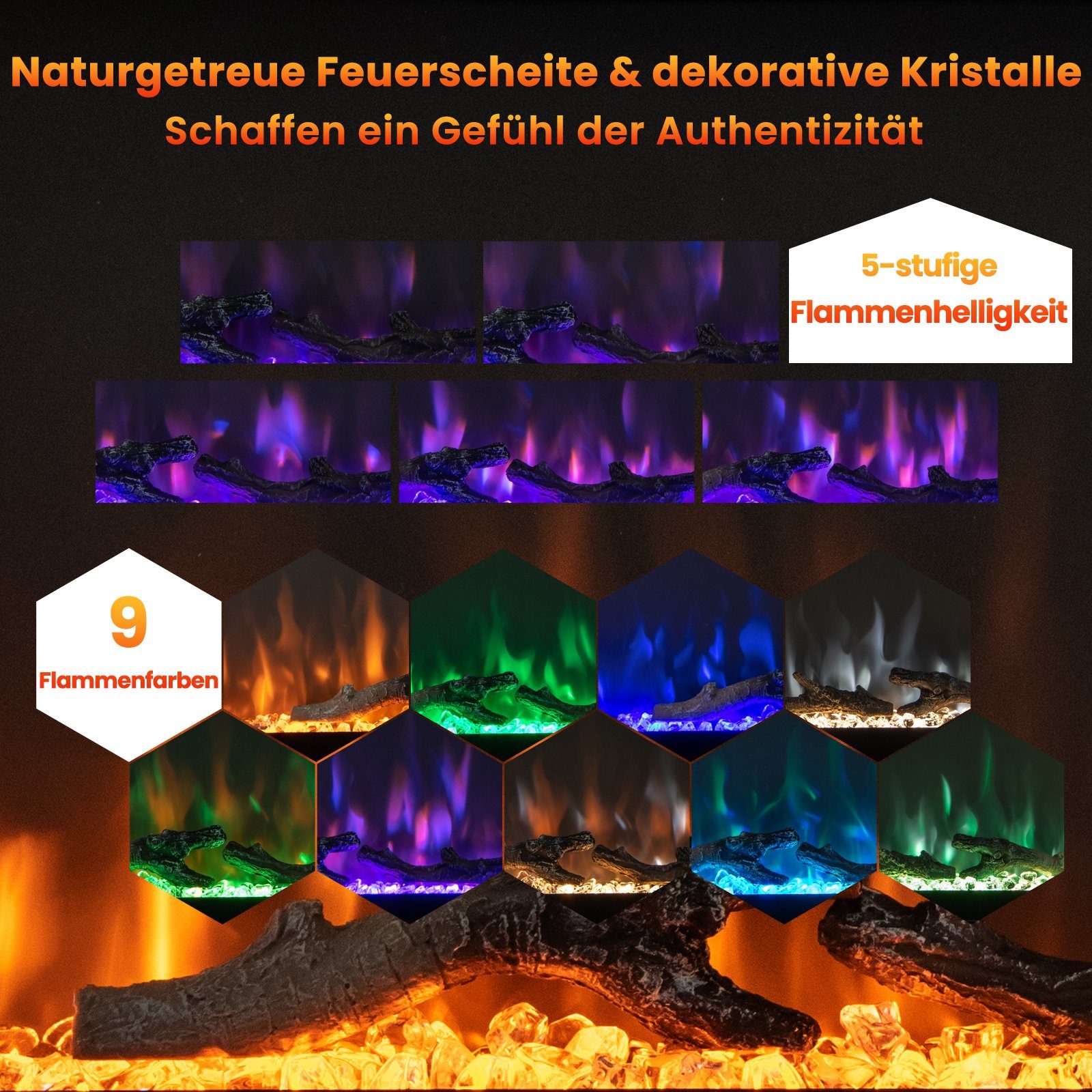COSTWAY Elektrokamin, 750W/1500W, für 36", 9 Flammenfarbe, 5 Helligkeitsstufe