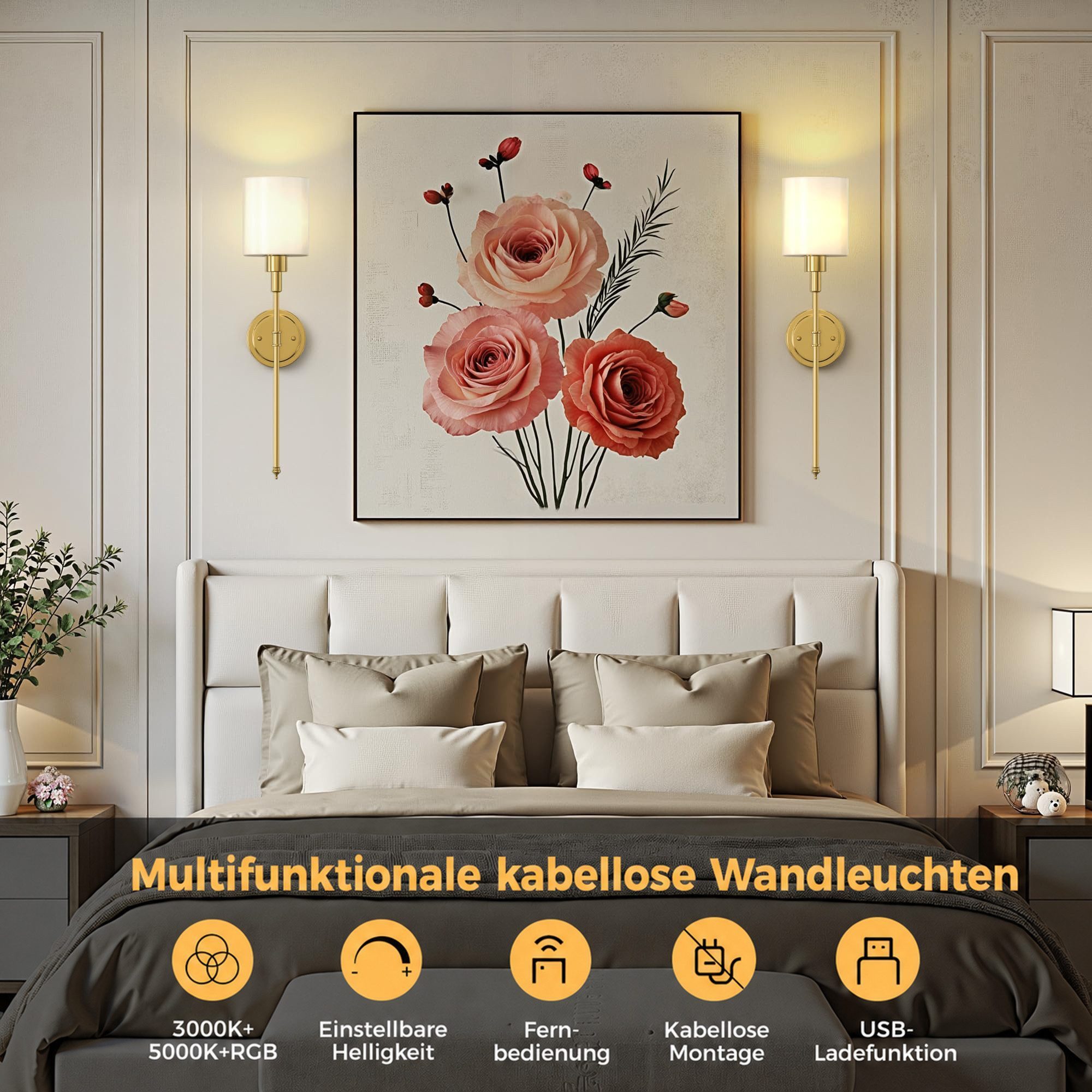LOHAS-LED Wandleuchte 2er‑Set Kabellose traditionelle Innenwandleuchten aus Metall, LED wechselbar, RGBCW, Aufladbare RGBCW‑E26‑Birnen mit Fernbedienung, dimmbar