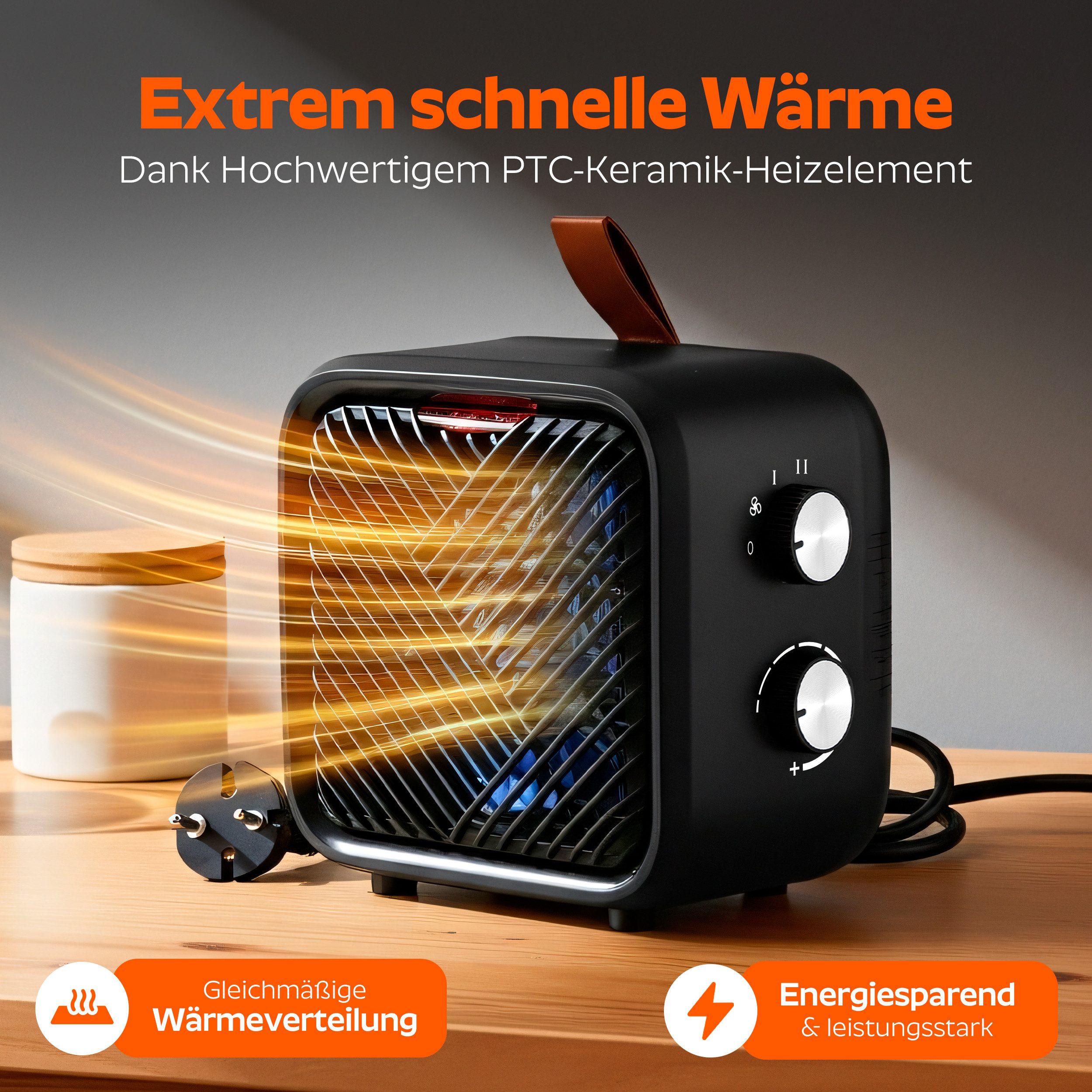 Onbest Keramikheizlüfter Elektrischer Heizwürfel, Elektroheizer, 1500W, 3 Heizstufen, Thermostat, bis 20m² – Bild 4 von 5