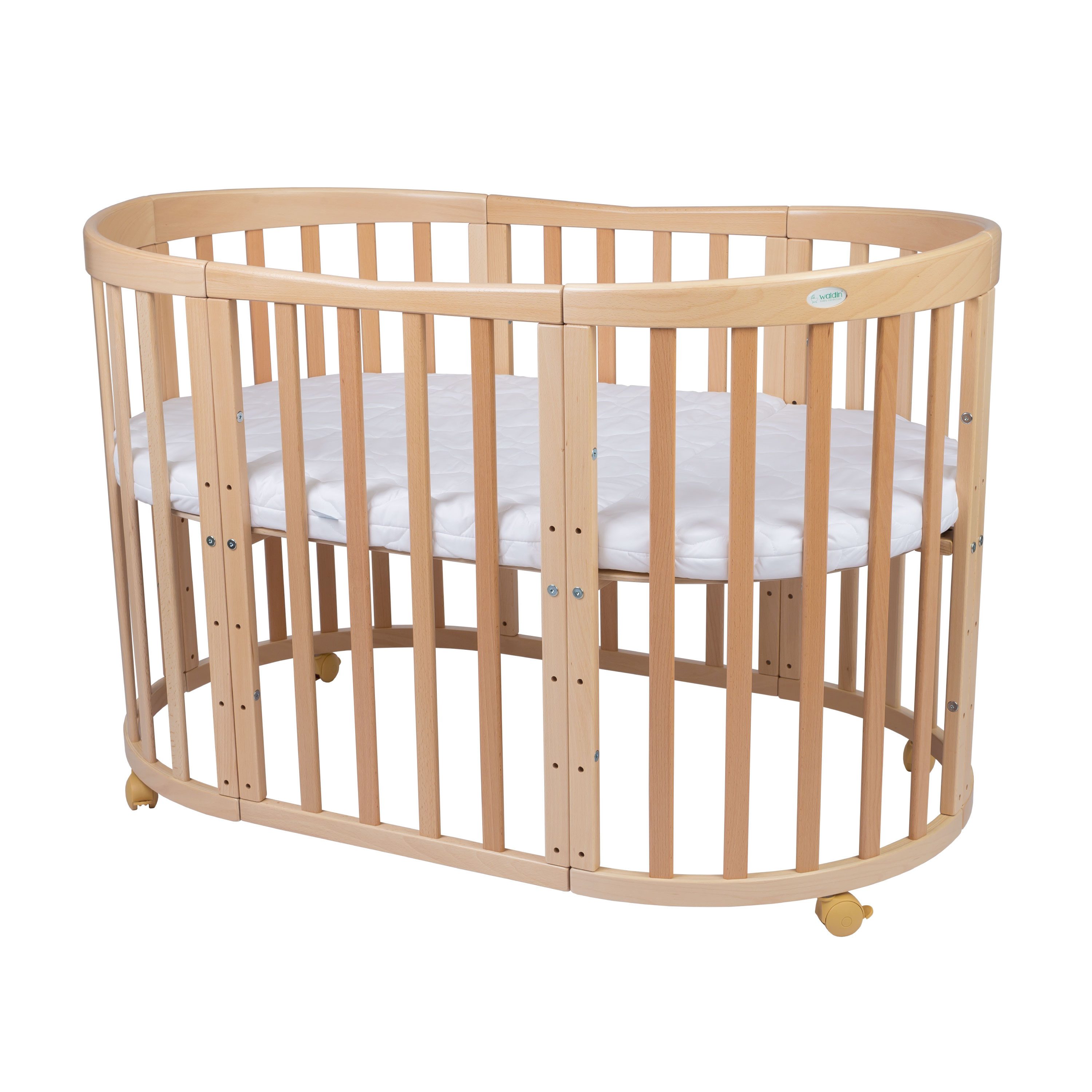 Waldin Babybett Mobiles Babybett OWAL aus Holz 7in1 mit Matratze, mitwachsend