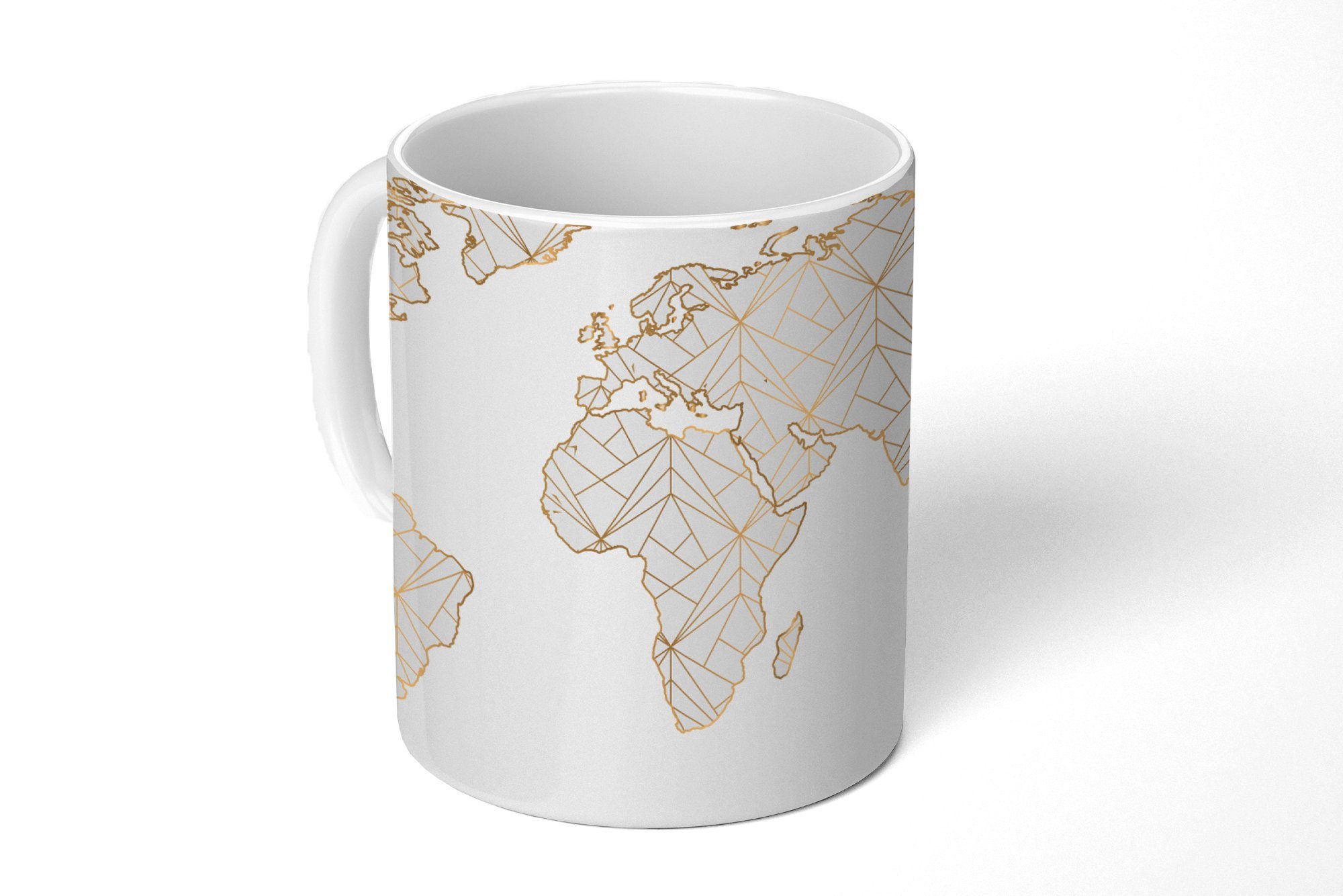 MuchoWow Tasse Weltkarte - Linien - Gold, Keramik, Kaffeetassen, Teetasse, Becher, Teetasse, Geschenk