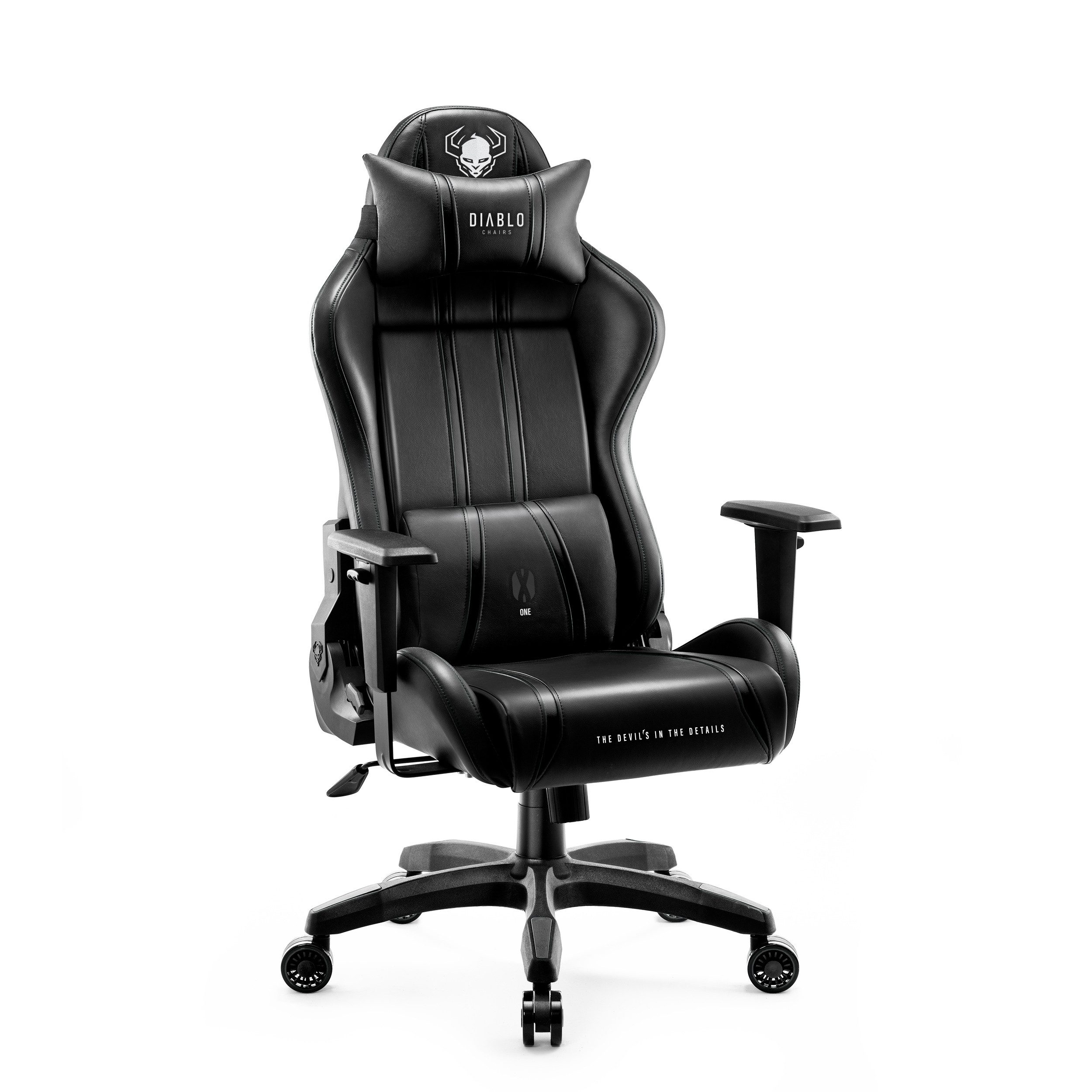 DIABLO CHAIRS Gaming-Stuhl X-One 2.0 HDS Ökoleder ergonomisch TiltTech Armlehnen Kopfstütze (Klasse-4-Gasfeder, Gummiräder bodenschonend, Kids S Normal L King XL), Lendenkissen Wippfunktion Metallbasis 3 Größen