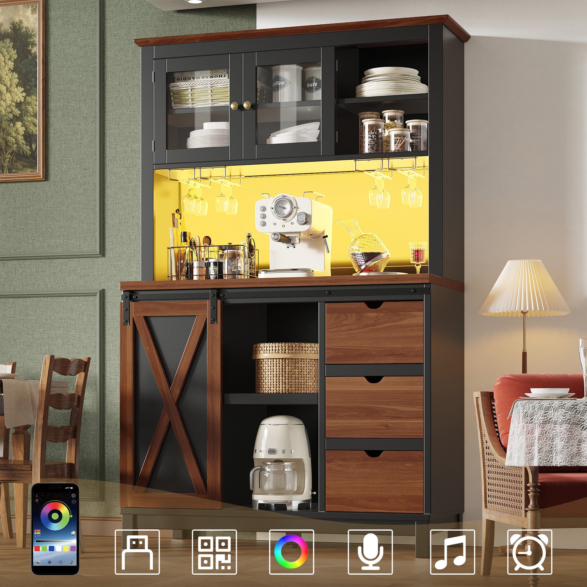 Flieks Küchenbuffet mit LED-Beleuchtung, Glastüren, Schiebetür und Schubladen (1-St., B104/T40/H180 cm) Hochschrank Küchenschrank Geschirrschrank mit verstellbare Ablagen