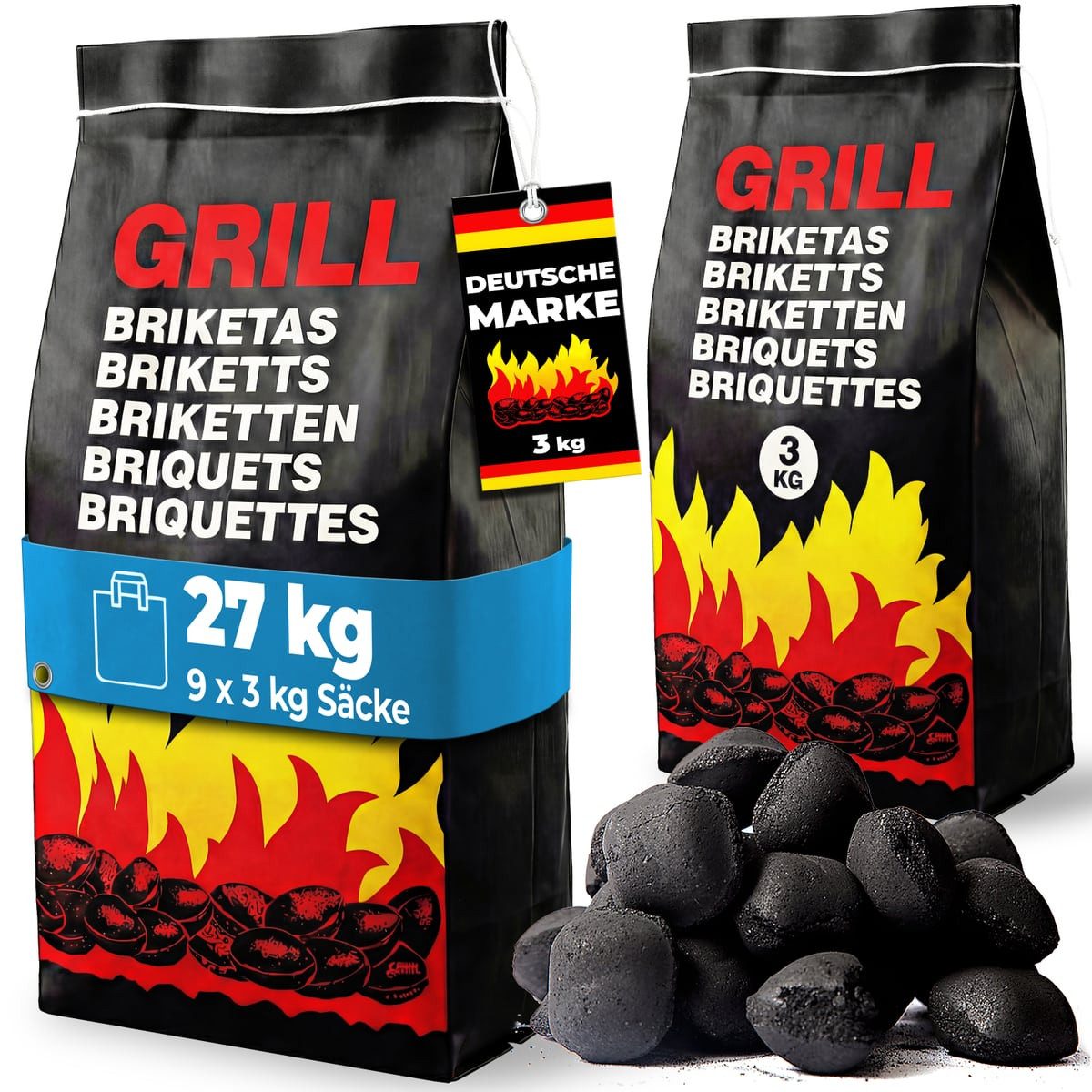Holzkohlegrill, Grillbriketts 27kg Holzkohle 9 x 3kg Grillkohle Holzkohlebriketts