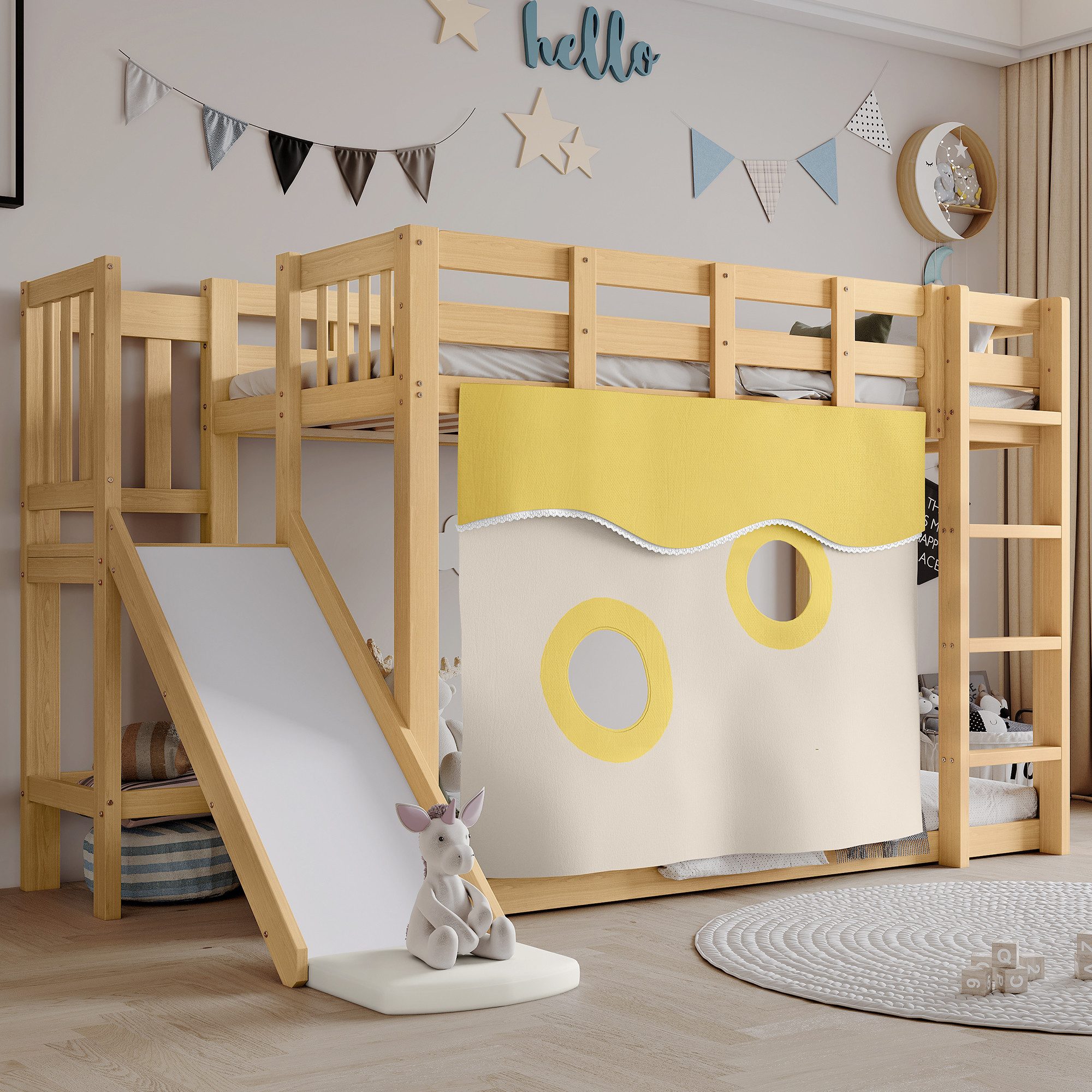 OKWISH Etagenbett Kinderbett Holzbett (mit Treppe, Rutsche, Bettvorhang, Fallschutzgitter und Seitenschutz, 90x200cm), ohne Matratze