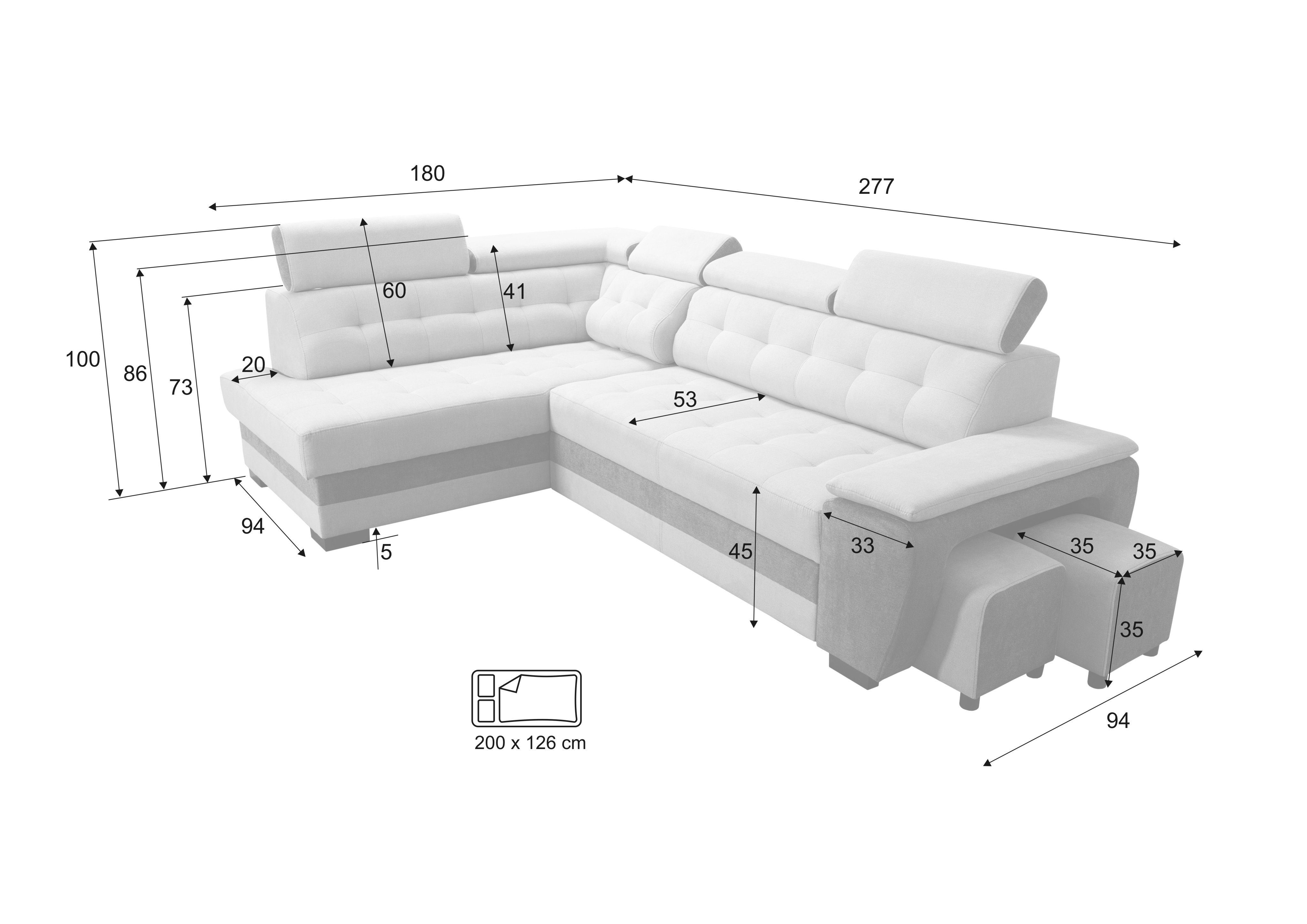 Bettkasten Ecksofa Grand Schlaffunktion SILVER+ANTHRACITE robin Ecksofa mit Kopfstützen