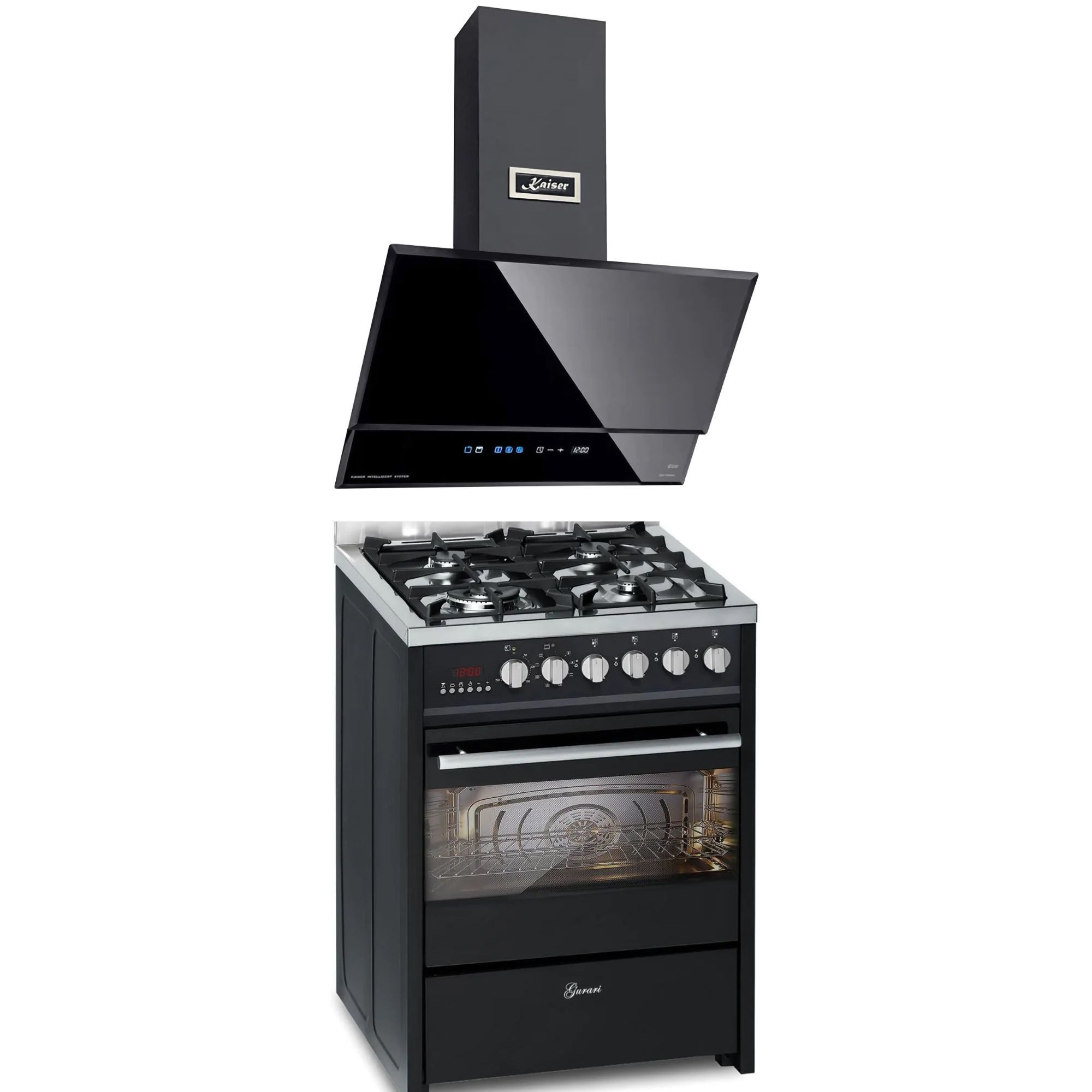 GURARI Gas-Standherd 60 cm Schwarze Gasherd mit Elektrobackofen 60 L Range Coocker +Dunstabzugshaube 60 cm GCH E 610 BL+AT 6410 F ECO, mit 1-fach-Teleskopauszug