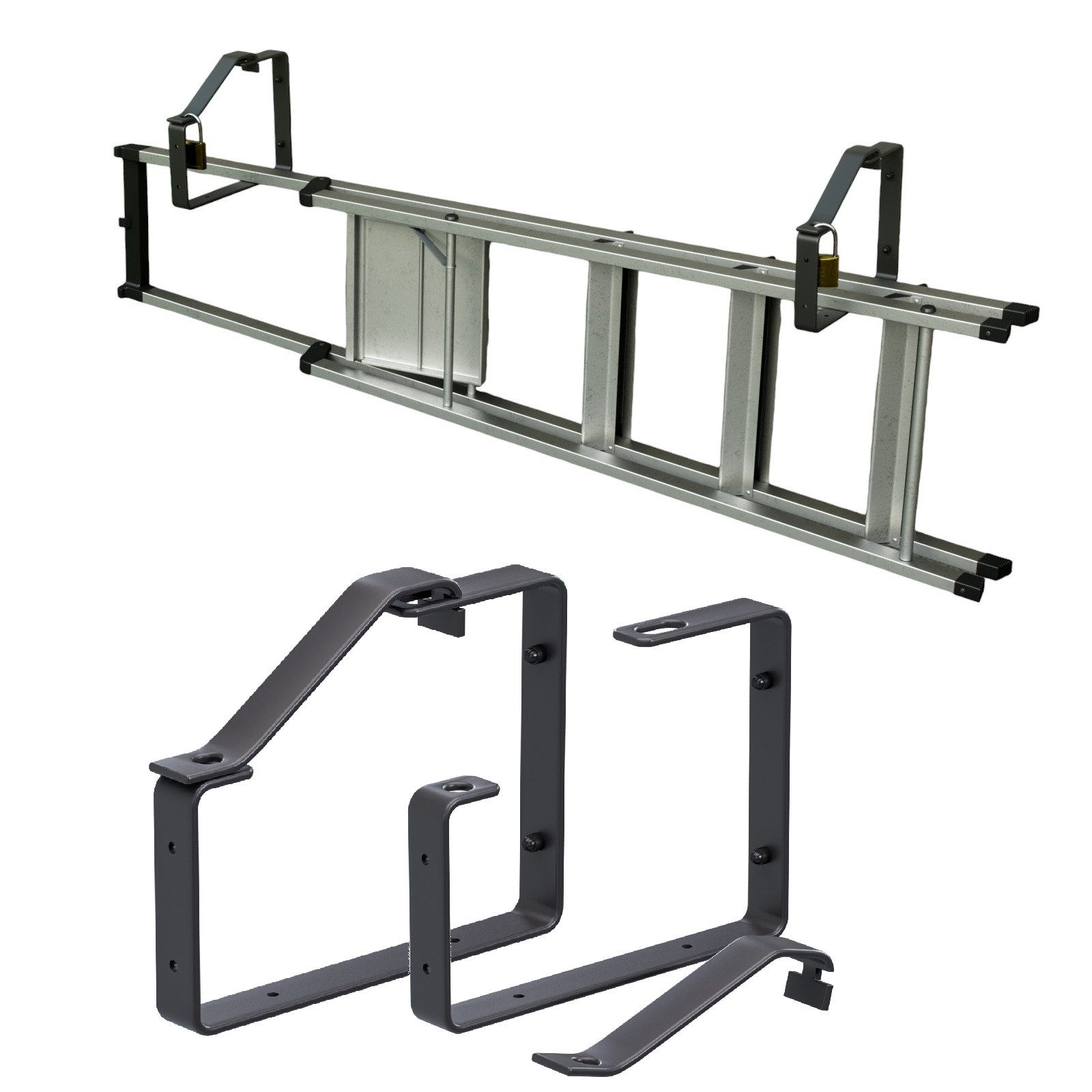 QLS Wandhalter Leiterhalterung Schwarz aus Stahl, Universale Halterung Abschließbar 24x18x3 cm