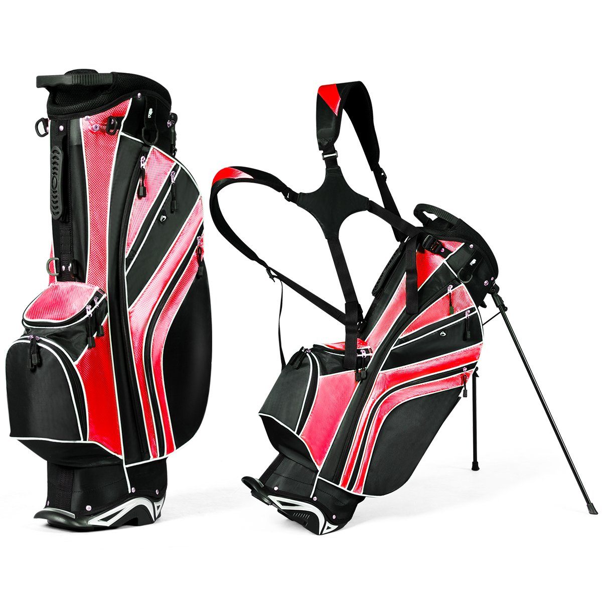COSTWAY Golftrolley + Golfbag, mit Ständer, Regenschirmhalter rot+schwarz | Golf Sets