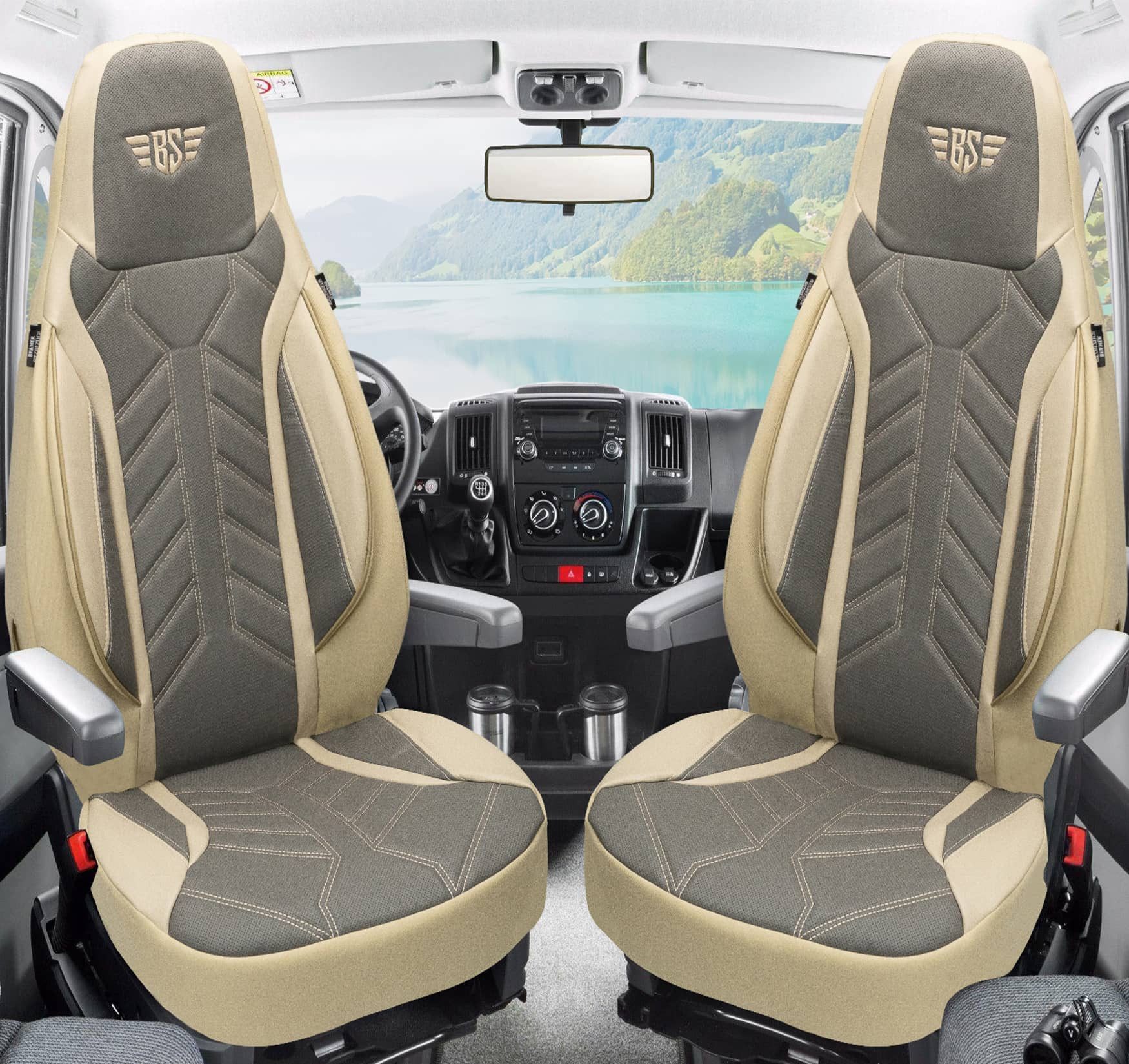 BREMER SITZBEZÜGE Autositzbezug für Chausson Twist Van V594 MAX (DPL509), Set, 2-tlg., Schonbezüge Sitzbezüge Fahrer und Beifahrer, in Beige/Grau