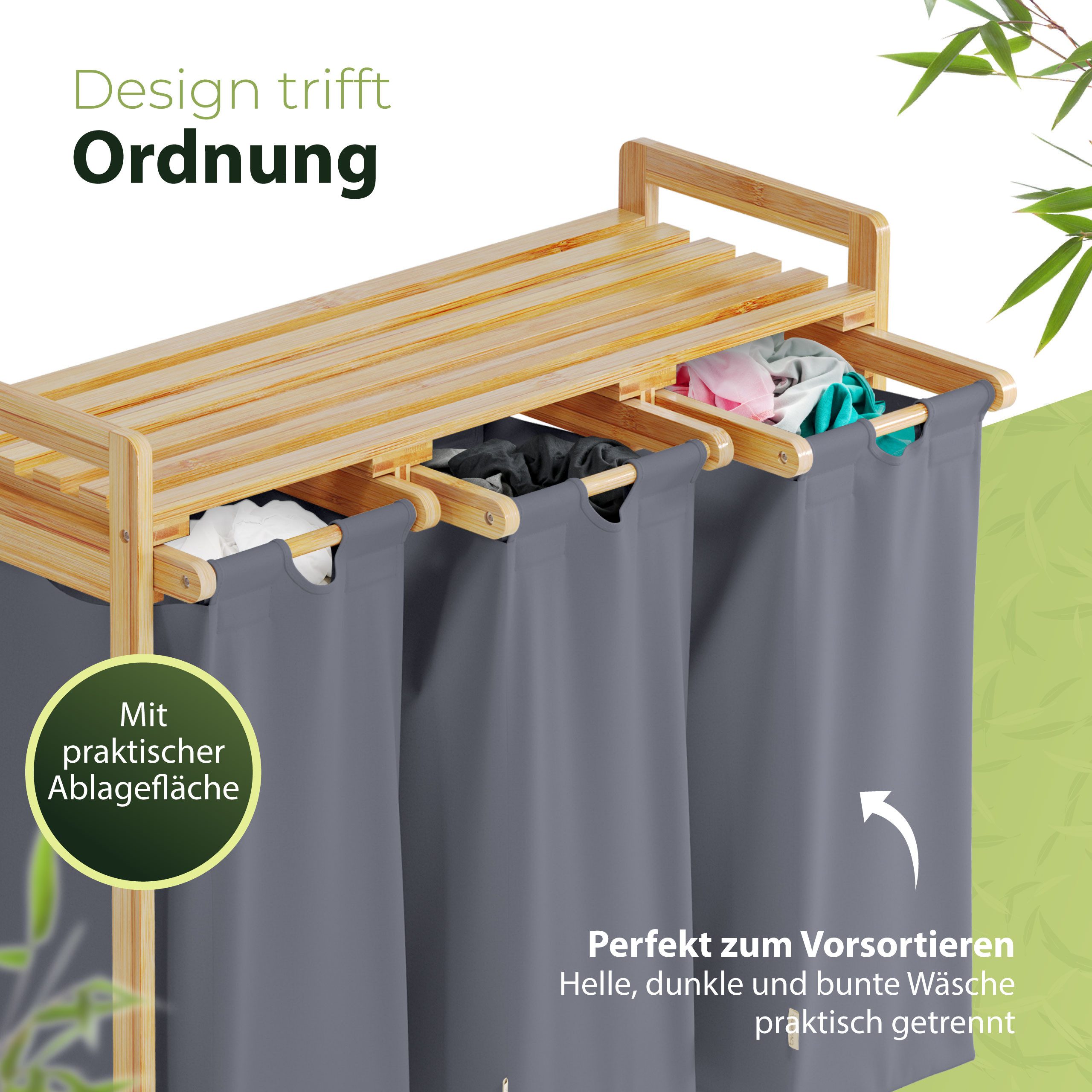 AMBIAVO Wäschekorb 3 Fächer aus Bambus und Baumwolle, mit Ablage günstig online kaufen