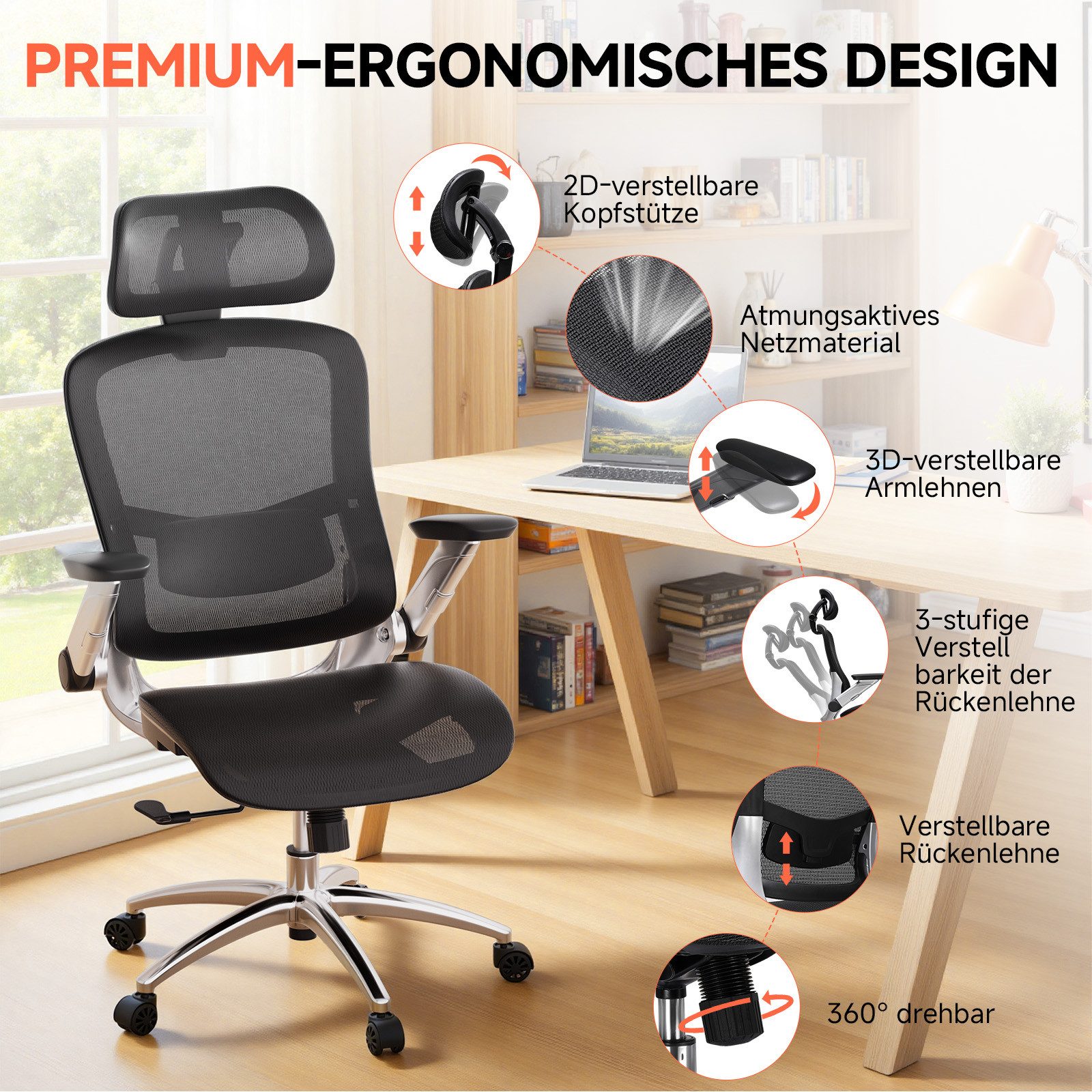 COMHOMA Bürostuhl ergonomischer schreibtischstuhl mit Mesh, 2D-Kopfstütze, 4D-Armlehnen, Hohe Rückenlehne mit Wipp- & Feststell 90-125°