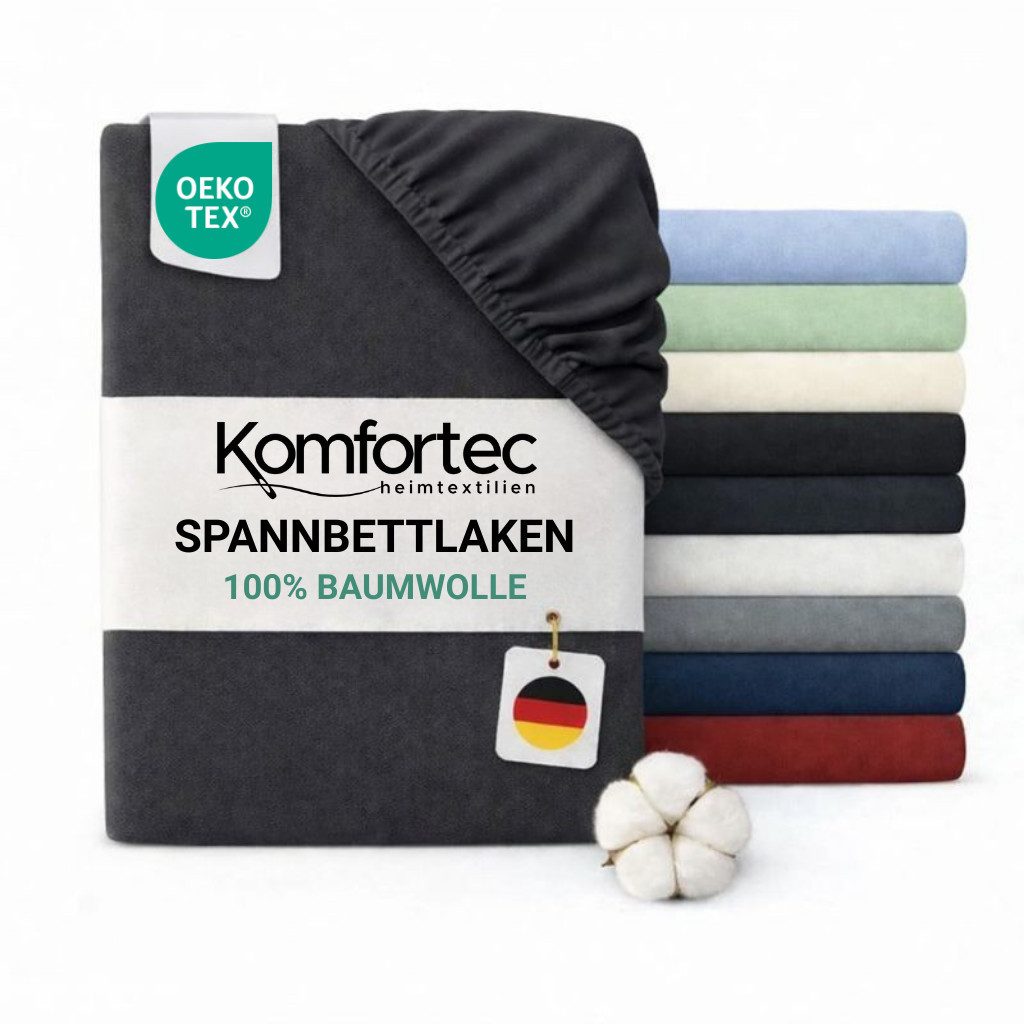 Komfortec Spannbettlaken Jersey Spannbettuch, 90x200, 140x200, 160x200, 180x200 oder 200x200 cm, 100% Baumwolle (135 g/m), Gummizug: Rundum, (1 Stück), OEKO-TEX® Standard 100 Zertifisiert, für Matratzen bis 25 cm Höhe