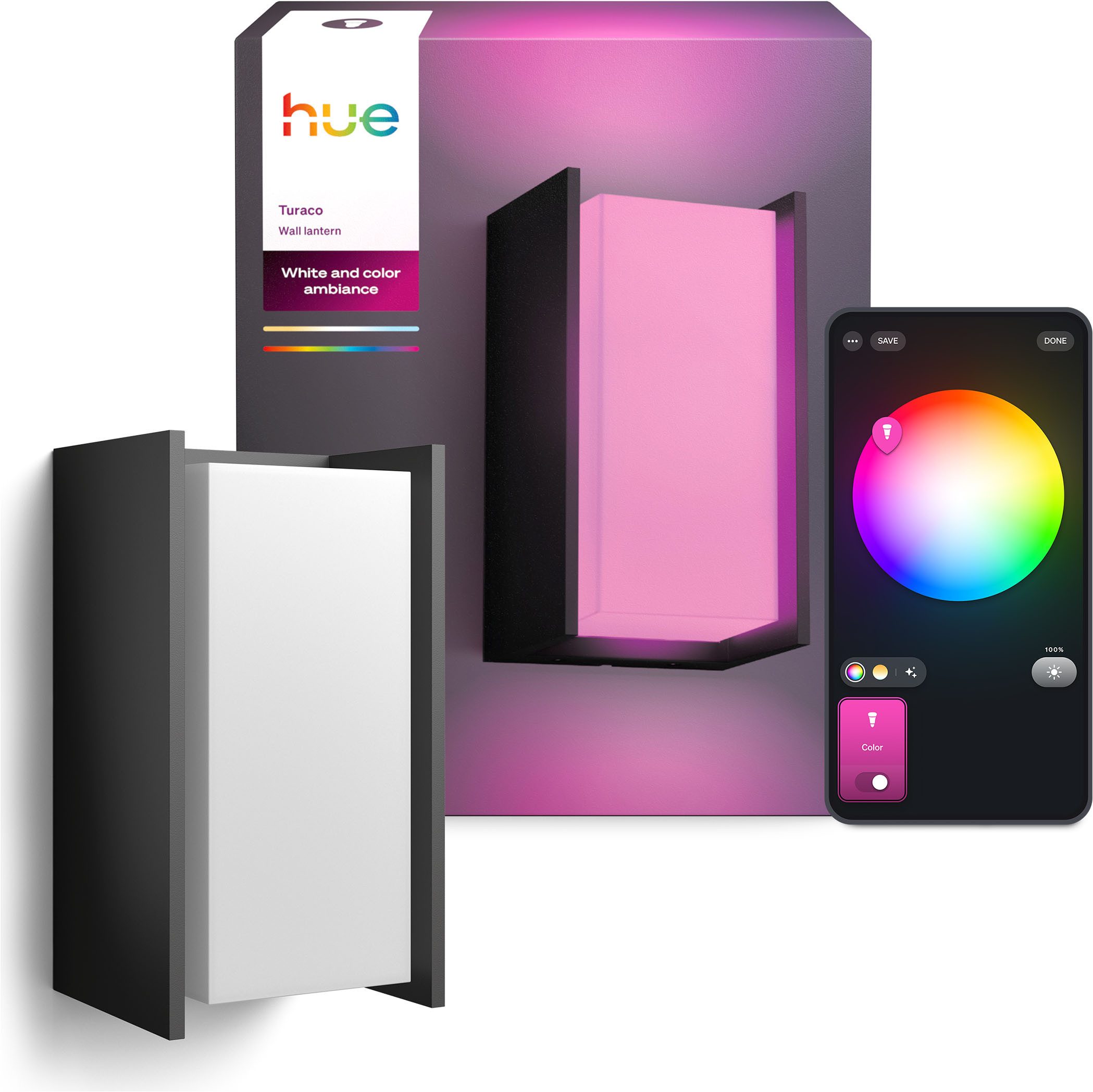 Philips Hue LED Außen-Wandleuchte Turaco Weiß- & Farblicht, Blinker, Dimmer, Farbwechsel, Memoryfunktion, Smart Home, Timerfunktion, erweiterbar, mehrere Helligkeitsstufen, LED wechselbar, RGB, 1100lm, IP44 wetterfest, inkl. Leuchtmittel, anthrazit