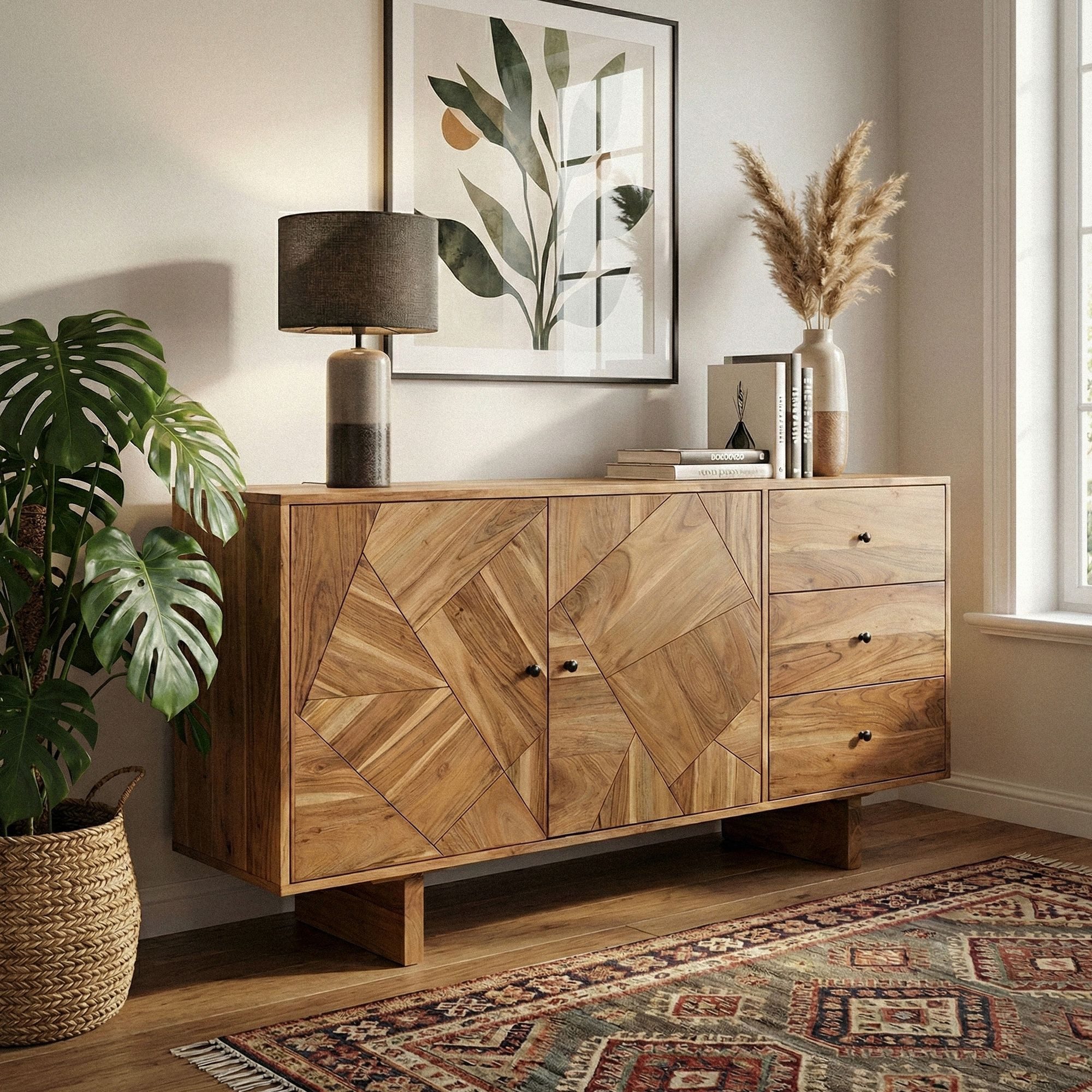Wohnling Sideboard WL7.597 Sideboard Akazie Massivholz 150cm Massive Kommode Echtholz (Geometrische Front aus massivem Akazienholz), Viel Stauraum für Wohn- und Essbereich