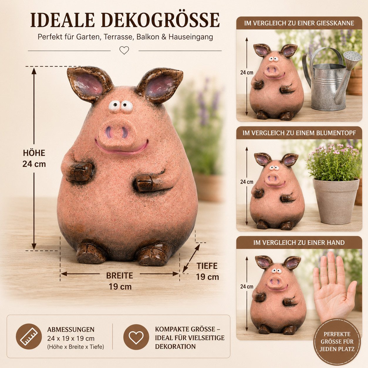 formano Gartenfigur Schwein Dekofigur Rosa-Braun 24 cm lMagnesia Tierfigur