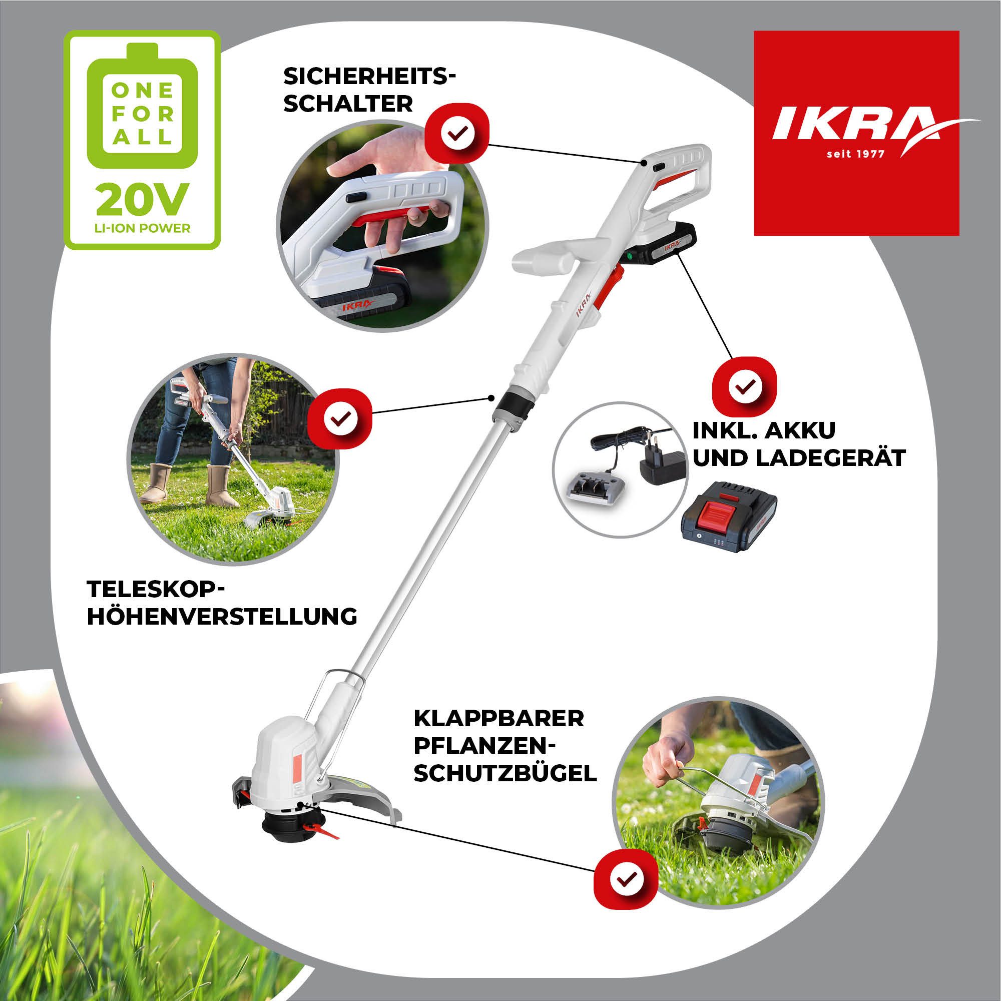 ikra GmbH Akku-Rasentrimmer IART 2025, 22 cm Arbeitsbreite Messer, 25,4 cm Arbeitsbreite Faden, 20V Akku - Mit Twin-Schneidsystem 2-in-1