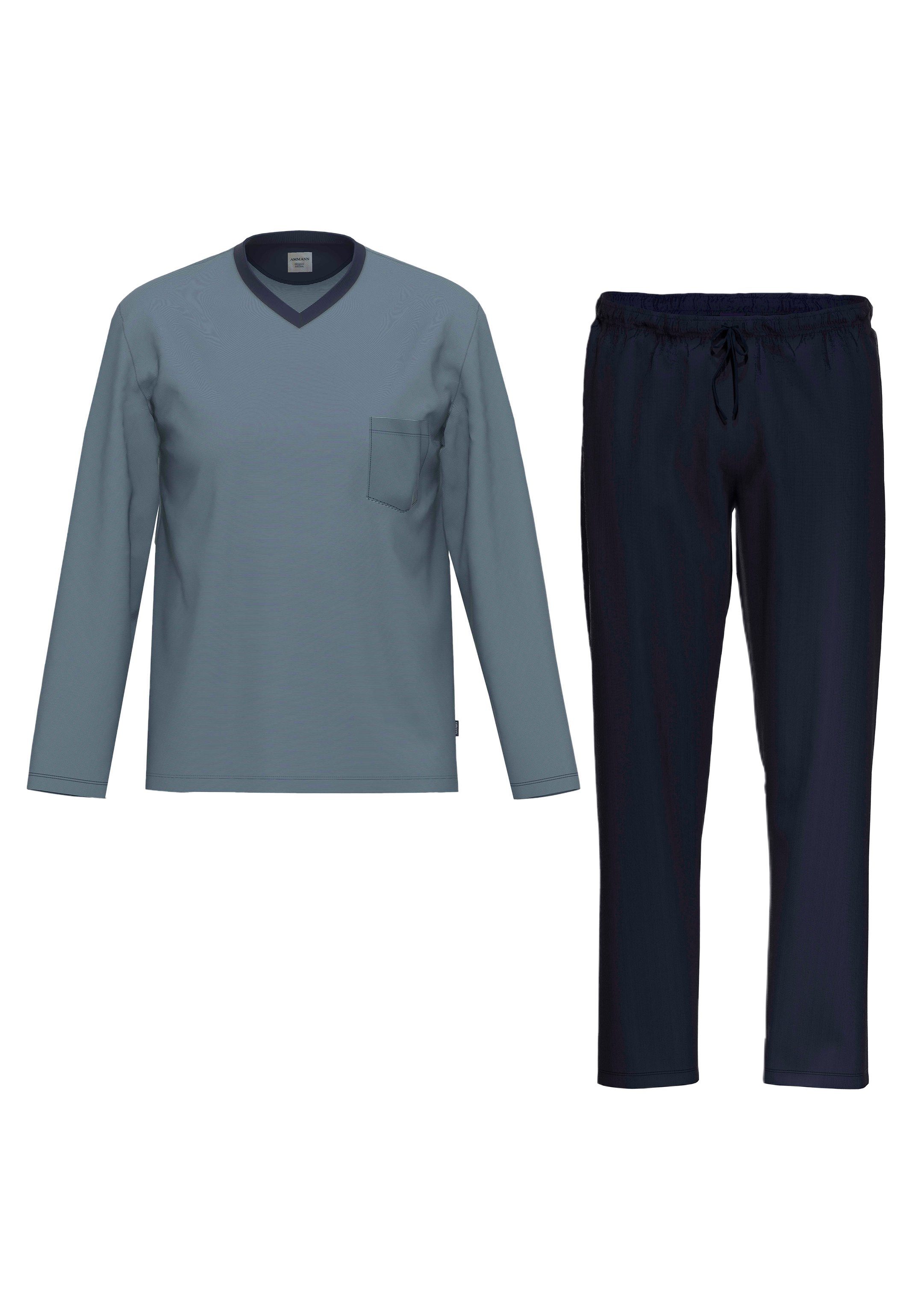 Ammann Pyjama Organic - Set Langarm Shirt 2 Hose Cotton langer - Blau aus und Baumwolle Schlafanzug geringelt tlg) (Set