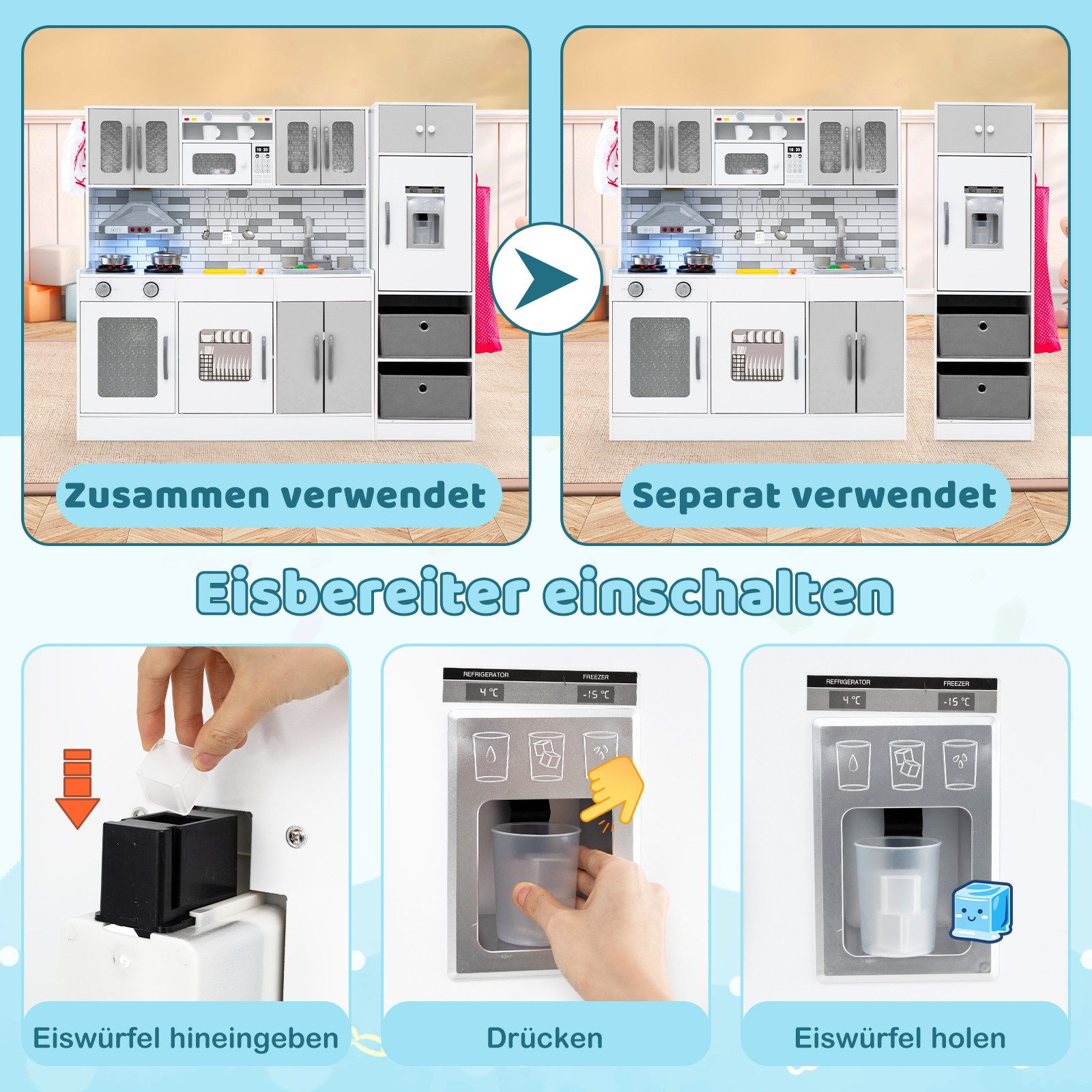 COSTWAY Spielküche Holz, Mit interaktiven Funktionen, Stauraum & Zubehör