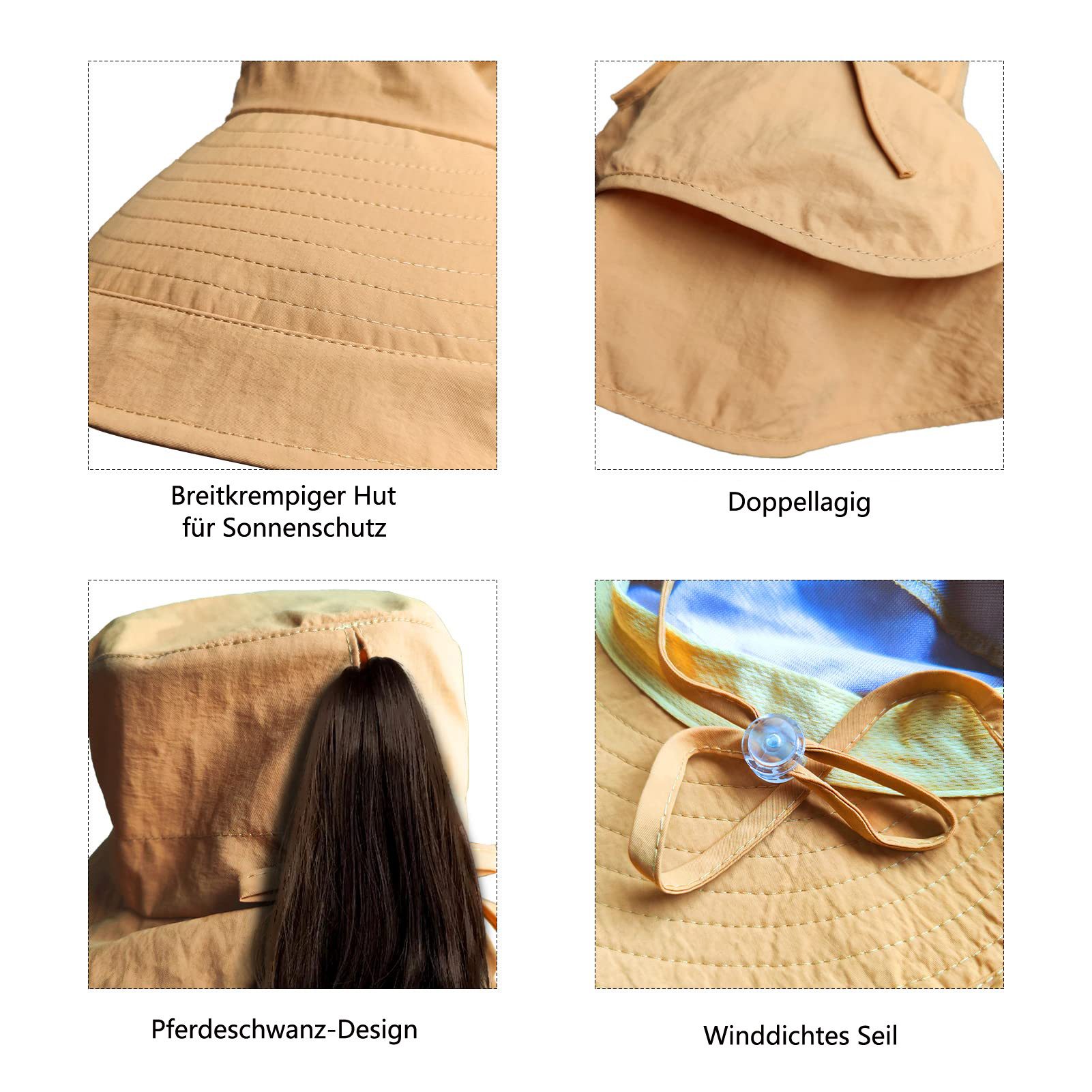 Coonoor Fischerhut Sonnenhut Damen UPF 50+ Outdoor UV Summer Cap mit Nackenschutz (1-St) Faltbarer Fischerhüte für Wandern Camping Reisen Angeln