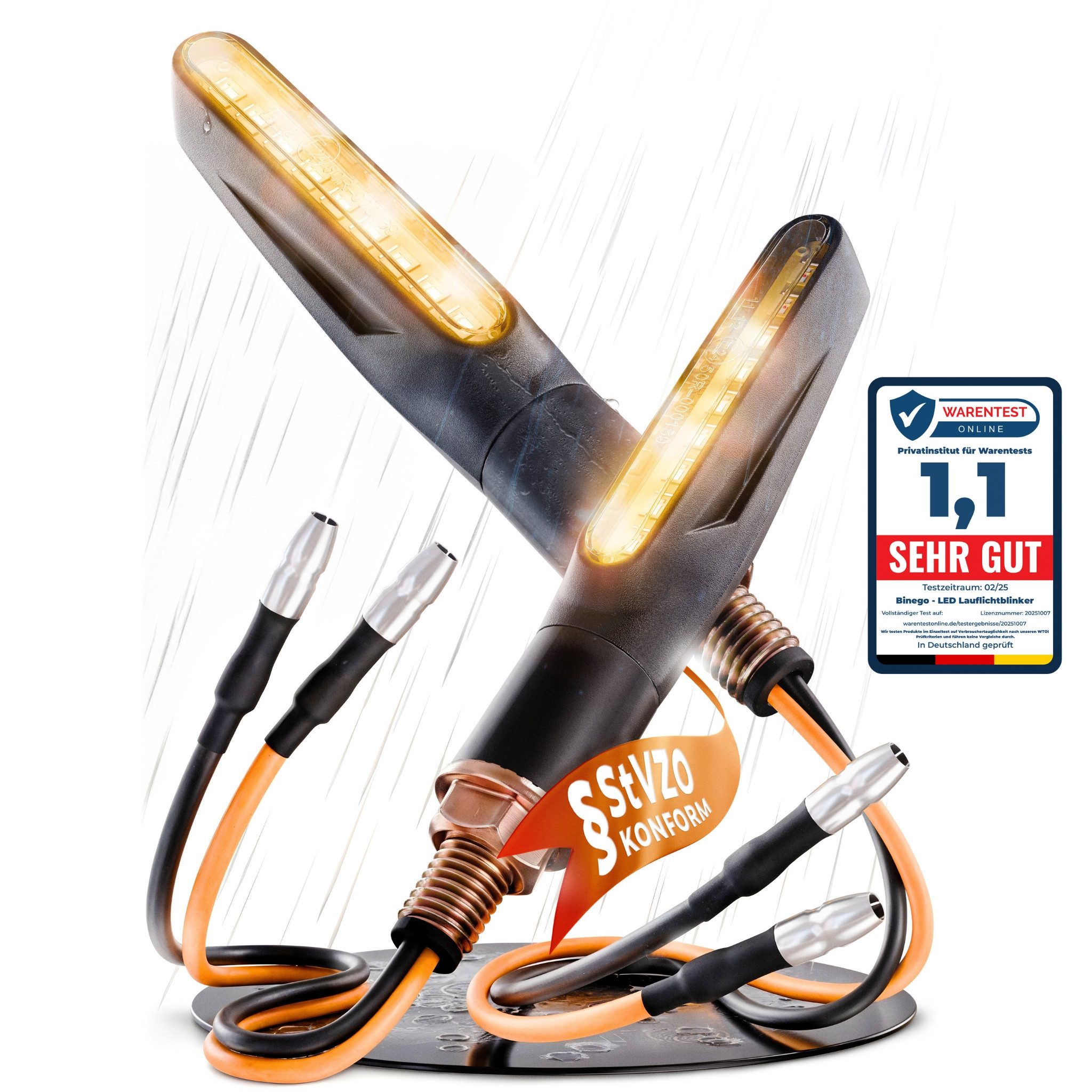 Binego Blinker LED Motorrad E Geprüft Mini mit Lauflicht Universell, Lauflicht Blinker, LED fest integriert, Gelb, StVZO konform