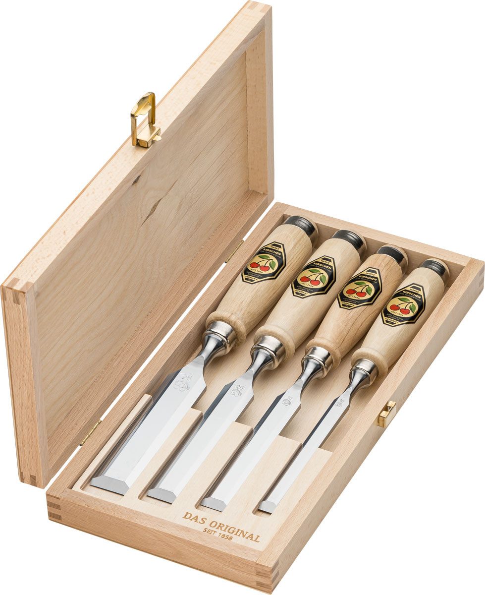 Stechbeitel KIRSCHEN Stechbeitelsatz im Holzkasten 4-tlg. mit Weißbuchenheft 10-16