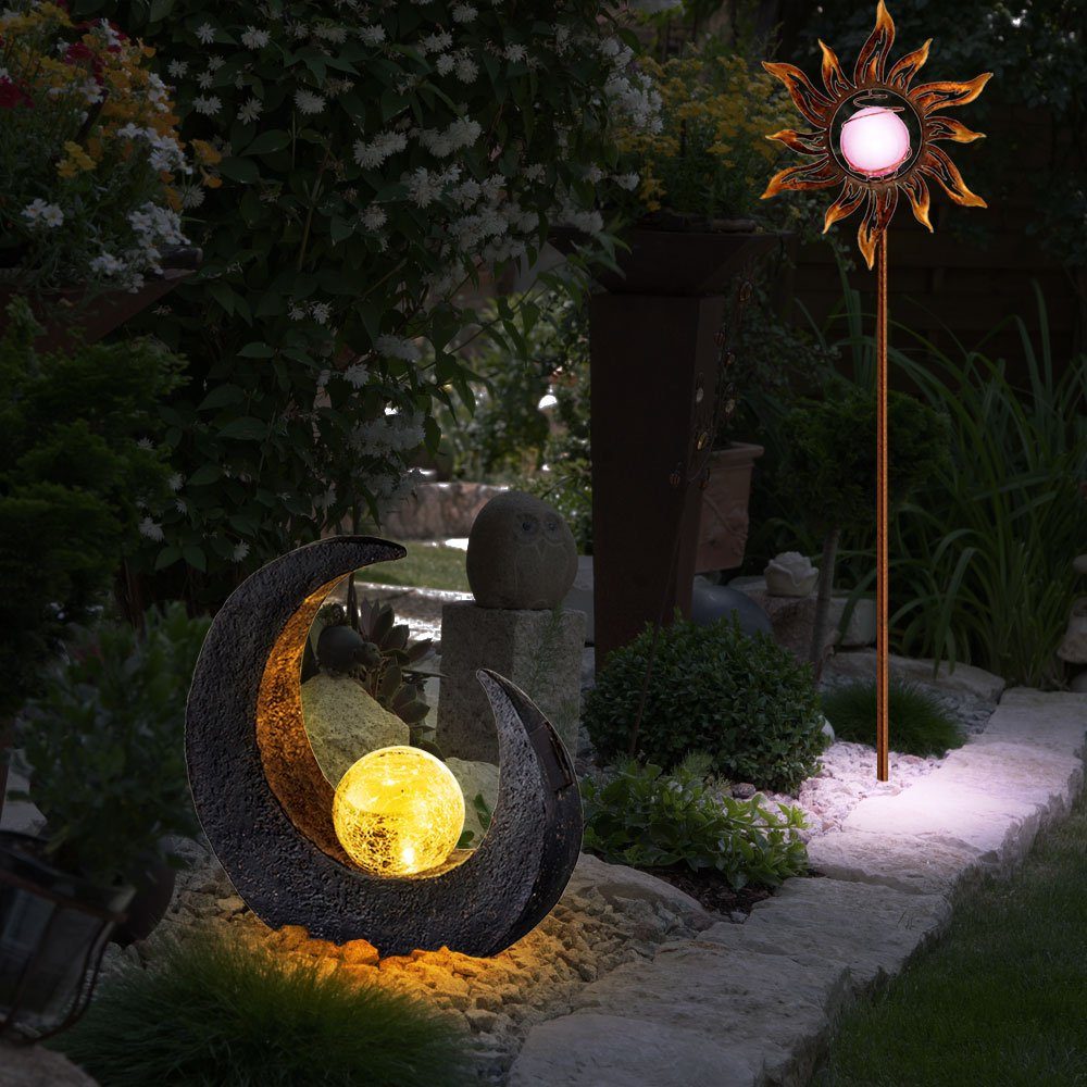 Kaltweiß, LED 2er Steck Mond LED-Leuchtmittel Solar Design verbaut, Weg LED etc-shop Garten Tageslichtweiß, fest Sonne Solarleuchte, Lampen Set