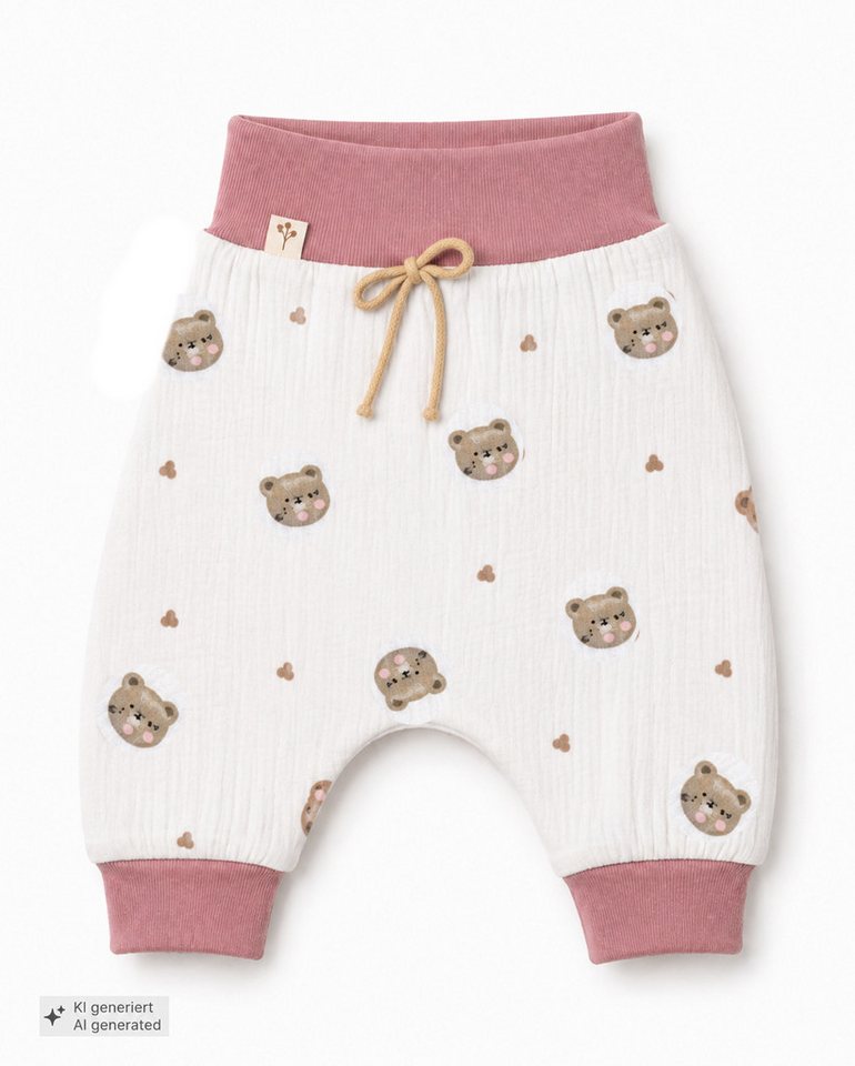 La Bortini Schlupfhose Baby Hose Erstlingshose aus Musselin mit Bärchen Muster luftig, weich, 44 50 56 62 68 74 80 86