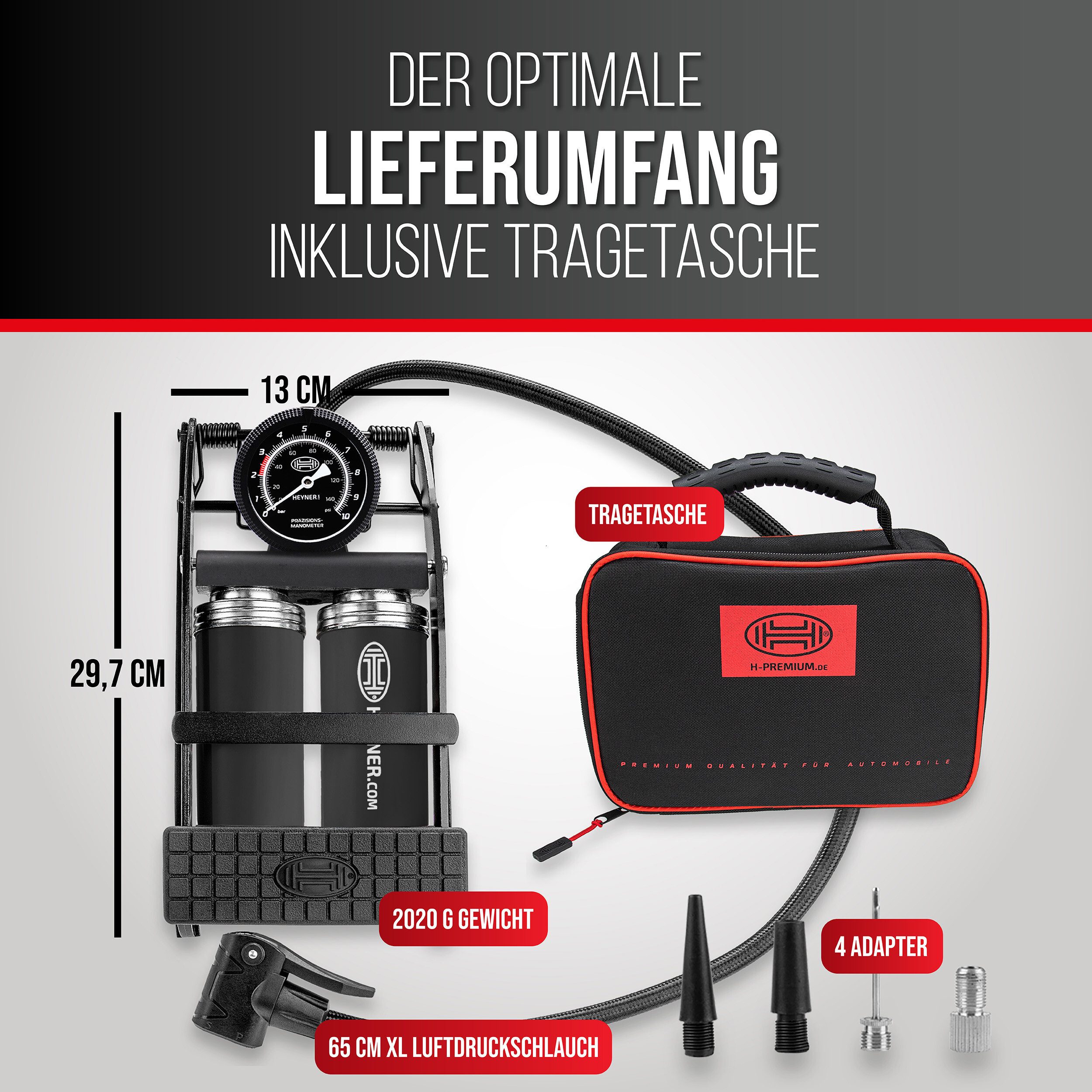 HEYNER Luftpumpe Fußpumpe Doppelzylinder Fahrradpumpe Luftpumpe 10 Bar + Tasche (1-tlg)
